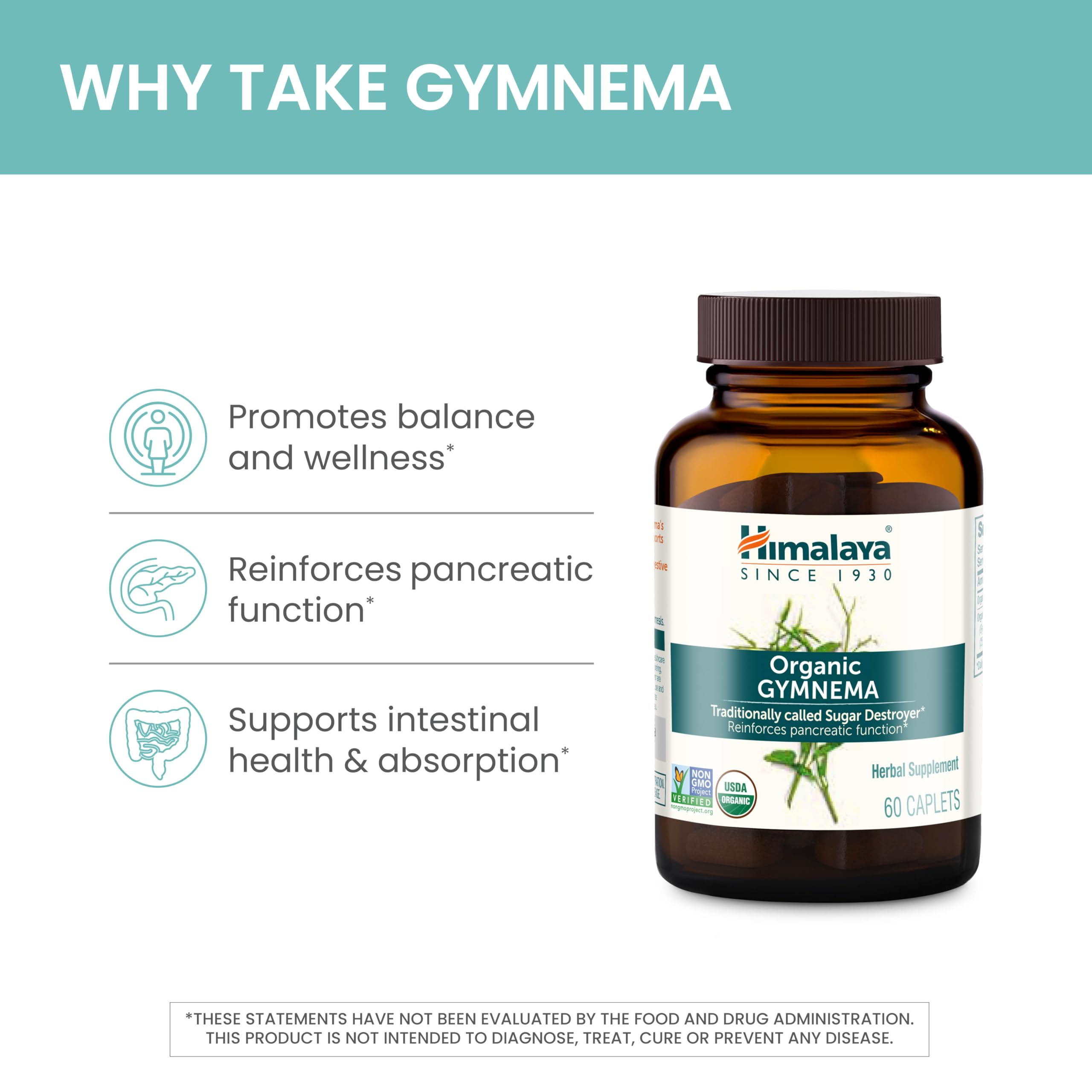 Himalaya Organic Gymnema Sylvestre – Herbal Glucose Metabolism Support - USDA Organic, Non-GMO, Vegan, Gluten Free, Additive Free, 700 mg, 60 Caplets