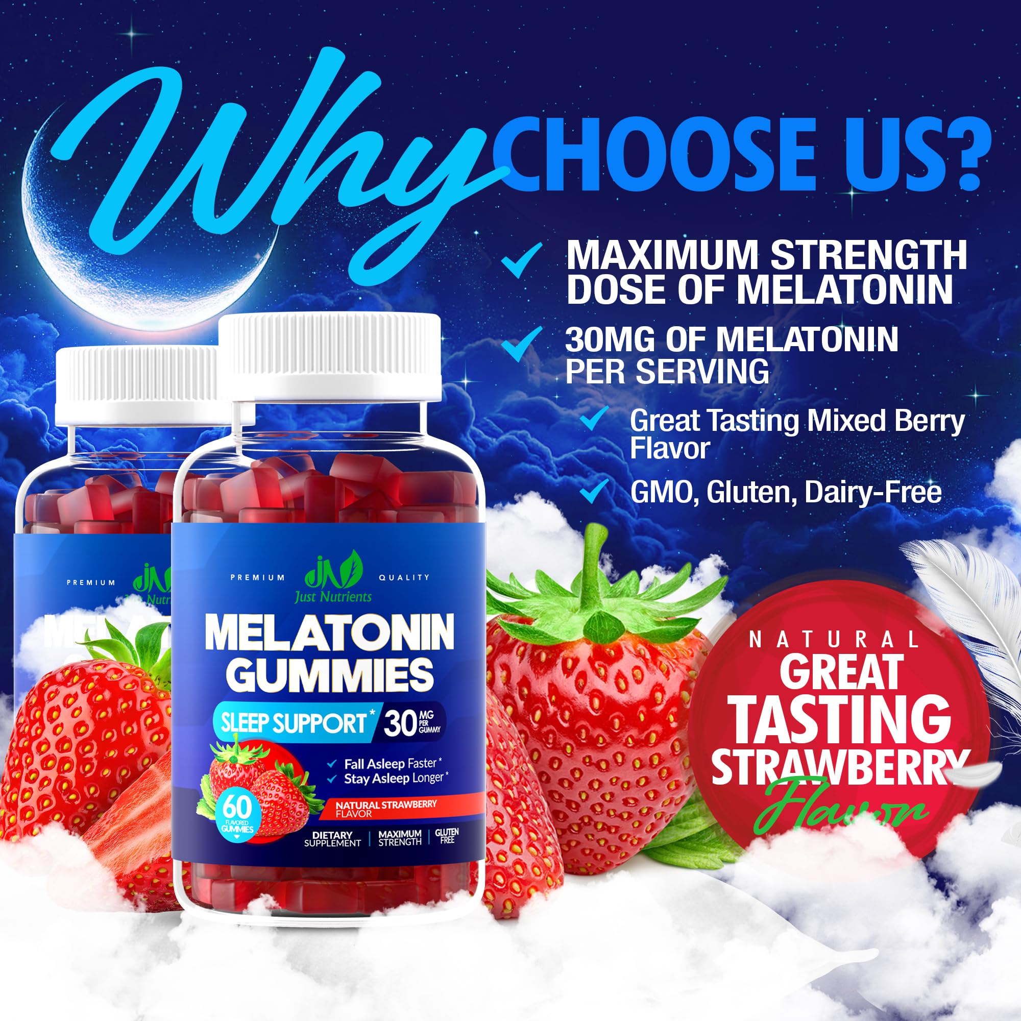 Melatonin 30mg Gummies for Adults (60 Servings) - Maximum Strength Sleep Support with 30mg of Melatonin Per Gummy - Gluten-Free, Sugar-Free, Non-GMO, 100% Vegetarian, Strawberry Flavor - 60 Gummies