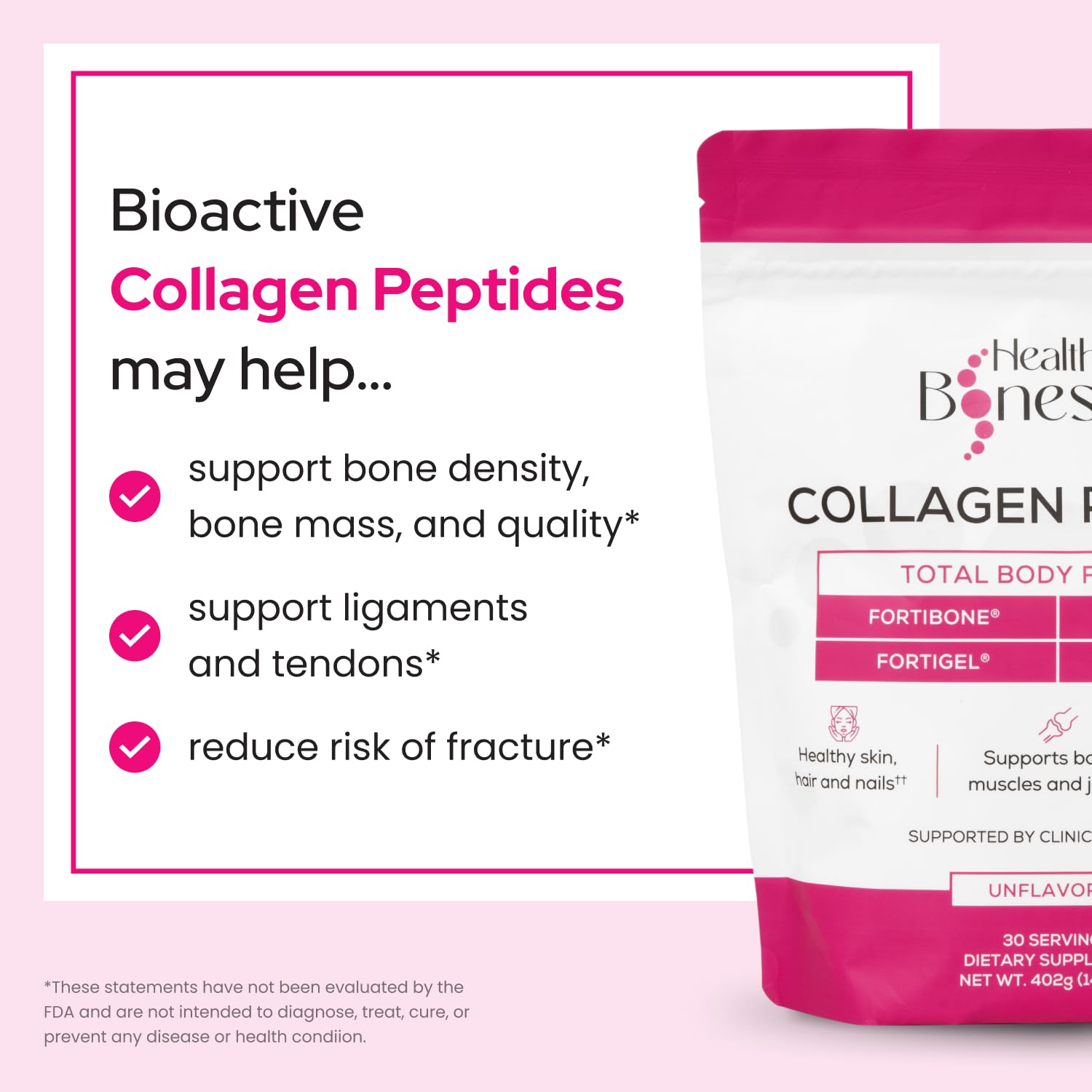 FORTIBONE® Premium Bone Health Collagen Peptides w/FORTIGEL®, VERISOL®, TENDOFORTE® | Clinically-Supported for Bones Joints Skin Hair Nails | Hydrolyzed Collagen Anti-Aging Formula | 30 Servings