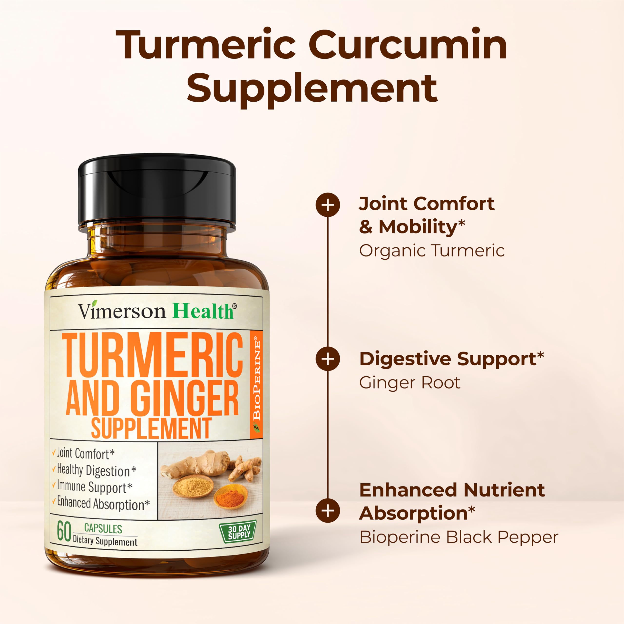 Turmeric Curcumin Supplement with Ginger Root for Joint Support, Digestive & Gut Health - Contains Organic Turmeric Curcumin with Black Pepper (Bioperine) for Enhanced Absorption - 60 Capsules