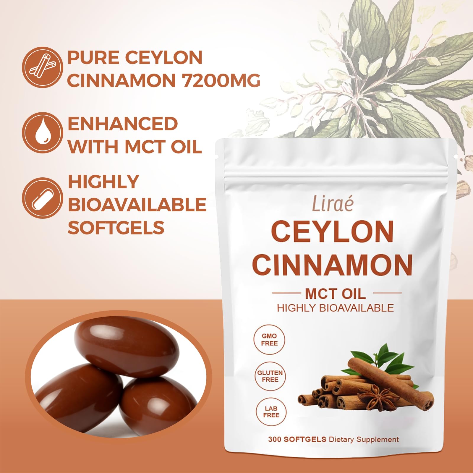 LIRAE Ceylon Cinnamon SoftGels, Ceylon Cinnamon Soft Gels 7200mg Equivalent with Mct Oil, Highly Bioavailable Herbal Extract | Non-GMO, Gluten Free | 300 Softgel (1)