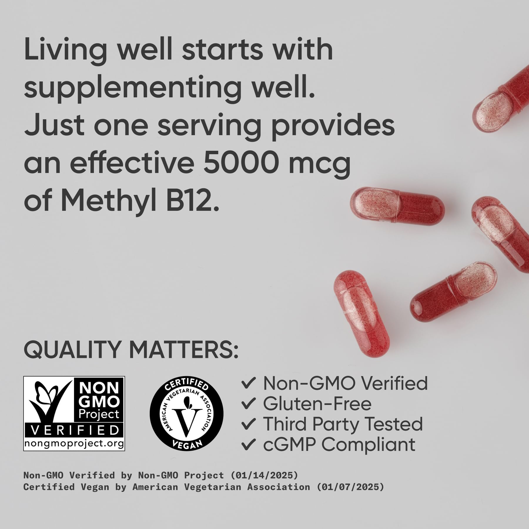 Sports Research® Vitamin B12 as Methylcobalamin 5000mcg - High Potency Vegan B12 w/Coconut MCT Oil for Energy Metabolism Support - Vegan Certified · Non-GMO · Gluten Free - 120 Liquid Caps