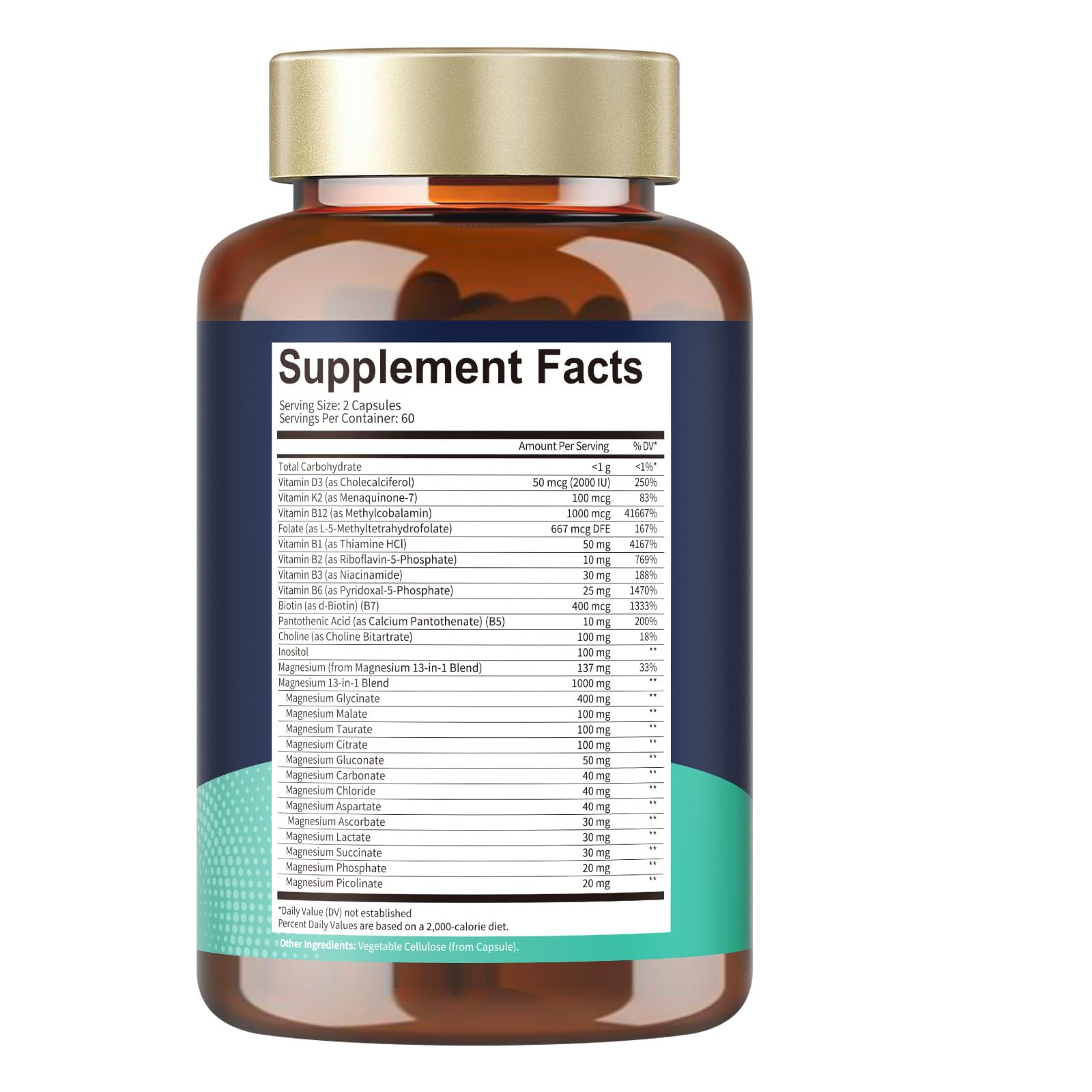 25-in-1 Magnesium Complex with Methylated B Complex Magnesium Glycinate Citrate Malate Taurate Gluconate Aspartate Carbonate D3 K2, Magnesium Supplement for Relaxation Energy & Nerve, 120 Vegan Caps