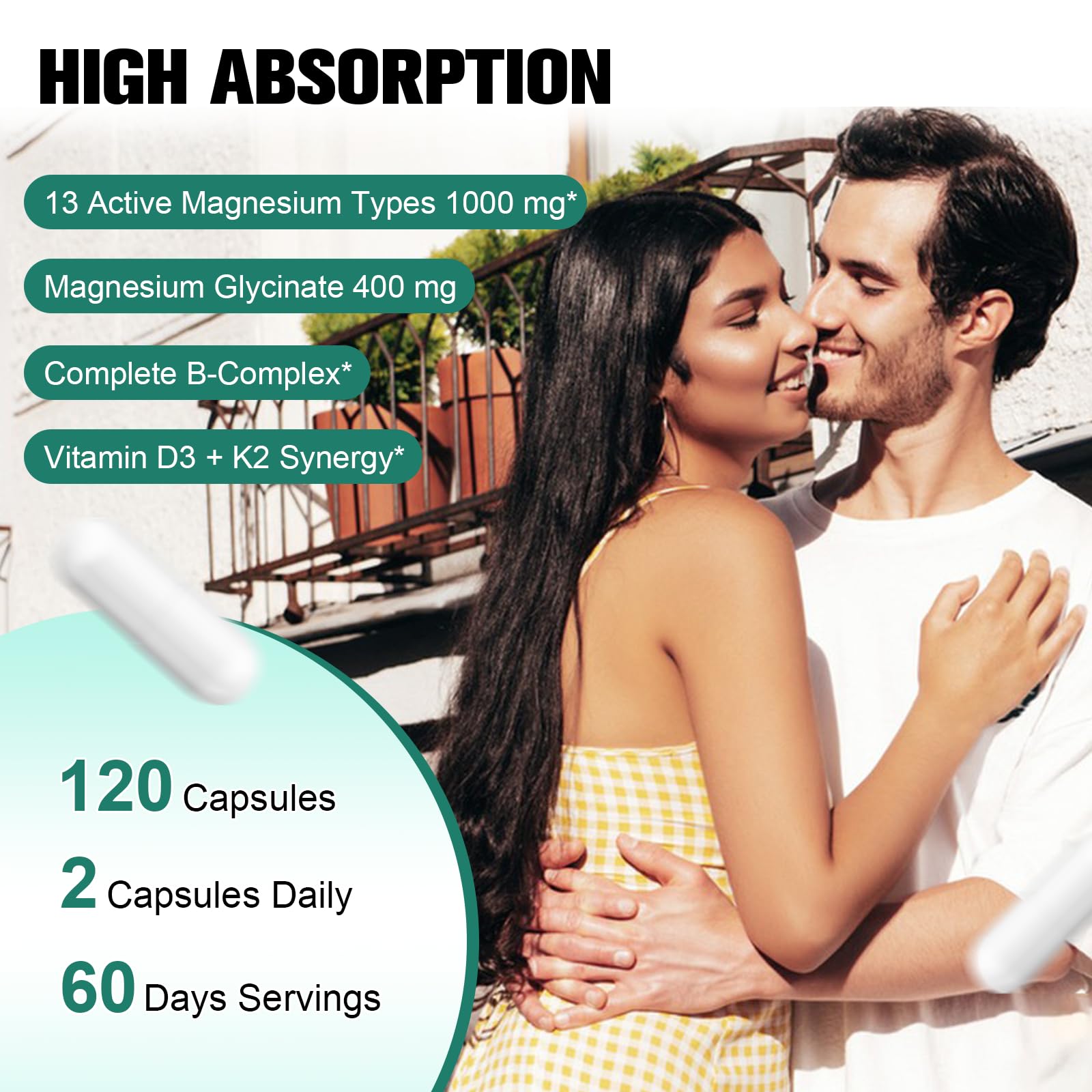 25-in-1 Magnesium Complex with Methylated B Complex Magnesium Glycinate Citrate Malate Taurate Gluconate Aspartate Carbonate D3 K2, Magnesium Supplement for Relaxation Energy & Nerve, 120 Vegan Caps