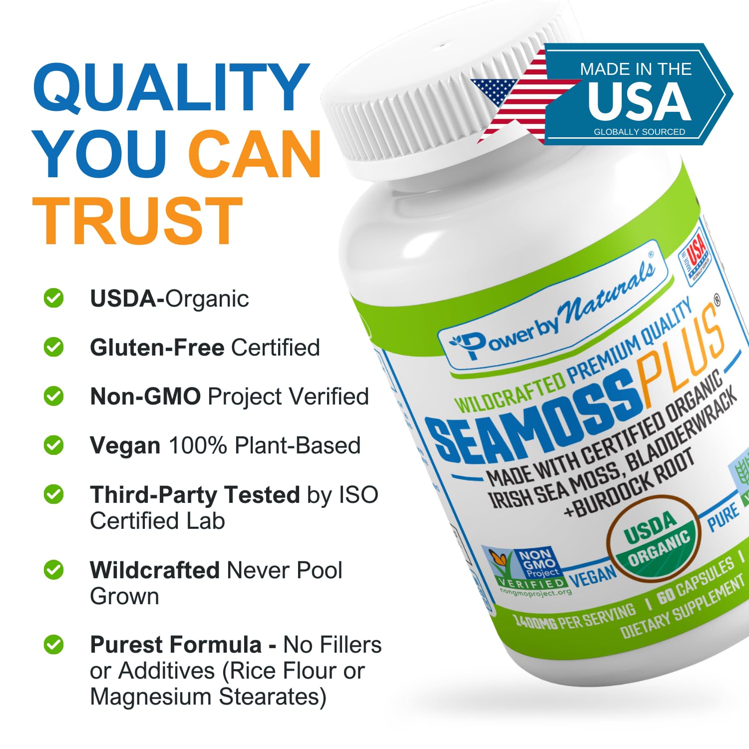 Power By Naturals Sea Moss Plus - USDA Certified Organic Wildcrafted Irish Seamoss, Bladderwrack & Burdock Root, Supplement for Immunity, 60Ct, 2 Pack