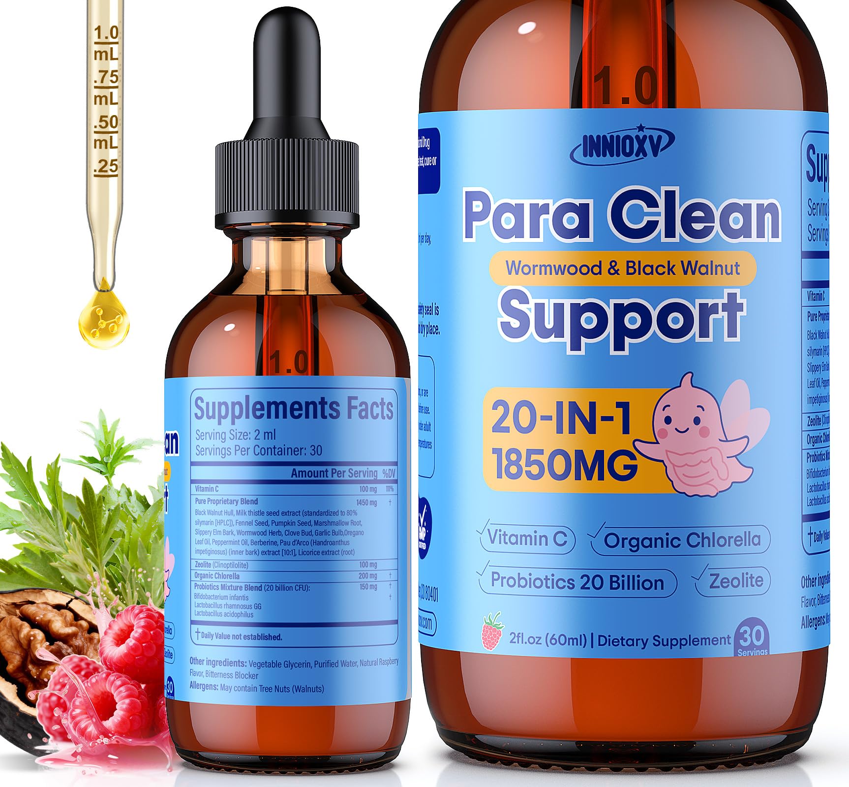 INNIOXV Parasite Cleanse for Humans & Kids, 20-in-1 Wormwood Black Walnut Clove Parasite Cleanse, Zeolite, Organic Chlorella, 20 Billion Probiotics, Liquid Detox Support, Alcohol-Free – 30 Servings