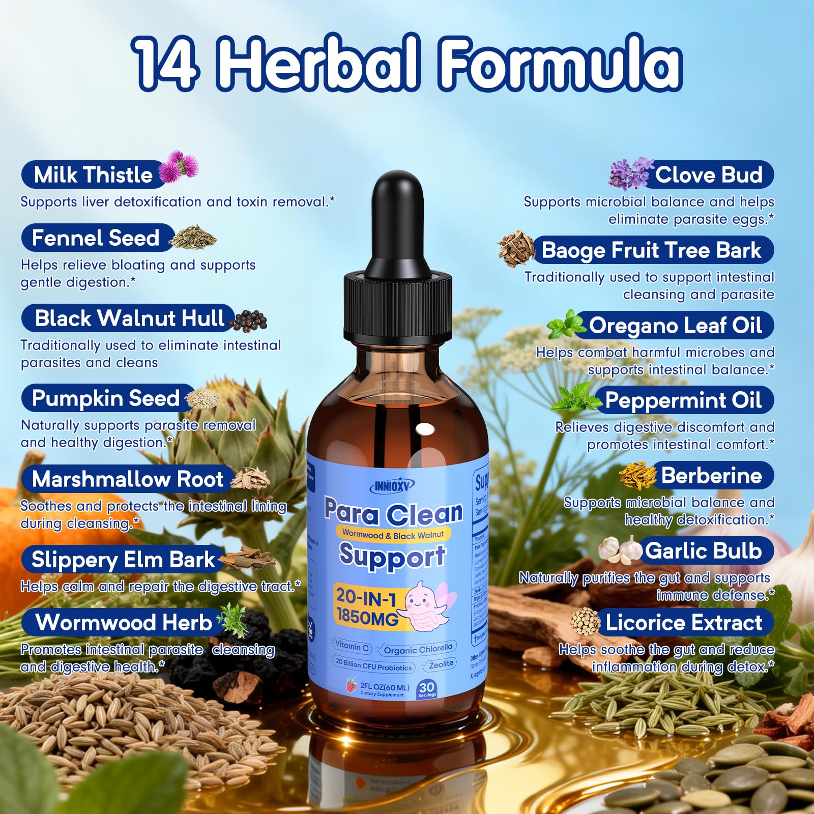 INNIOXV Parasite Cleanse for Humans & Kids, 20-in-1 Wormwood Black Walnut Clove Parasite Cleanse, Zeolite, Organic Chlorella, 20 Billion Probiotics, Liquid Detox Support, Alcohol-Free – 30 Servings