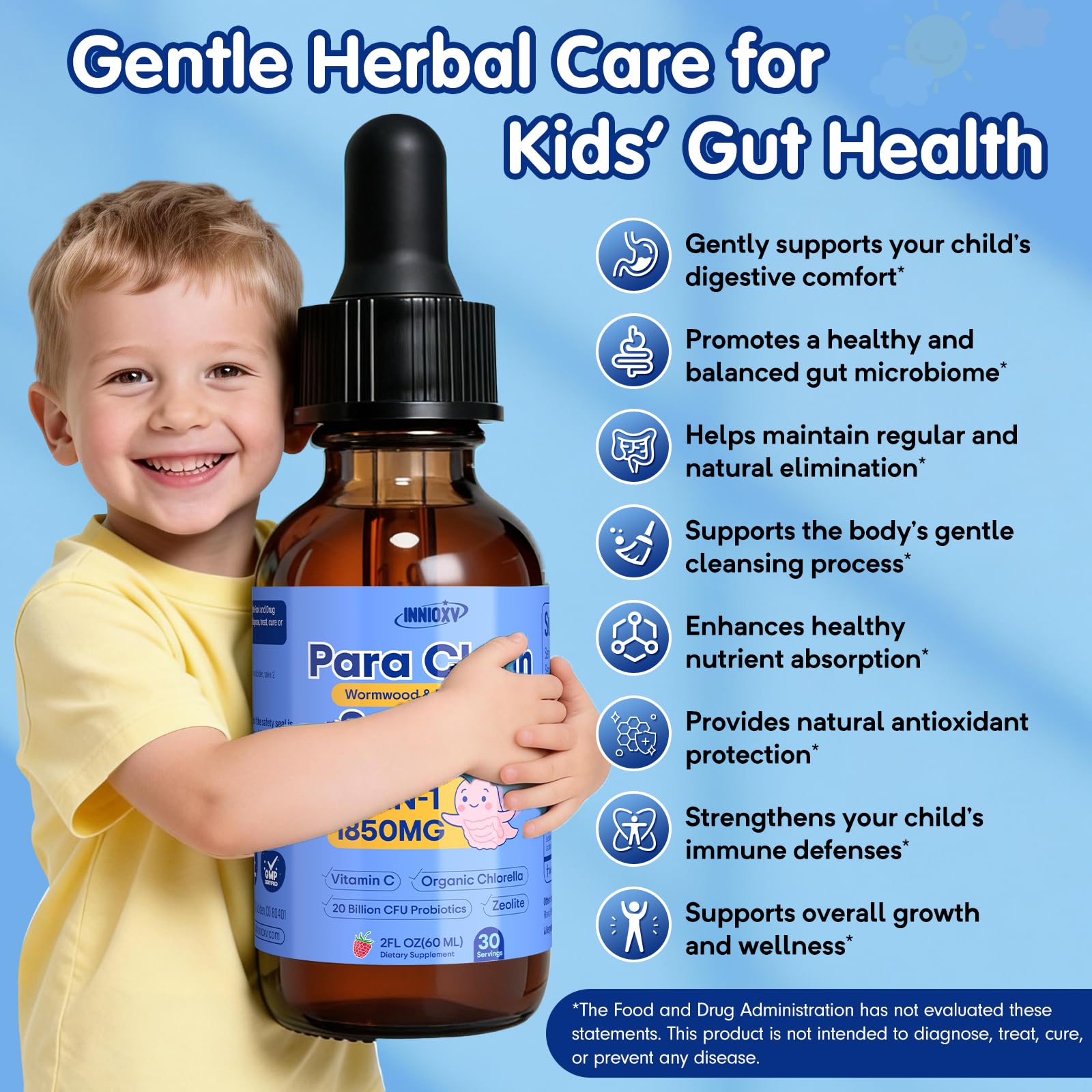 INNIOXV Parasite Cleanse for Humans & Kids, 20-in-1 Wormwood Black Walnut Clove Parasite Cleanse, Zeolite, Organic Chlorella, 20 Billion Probiotics, Liquid Detox Support, Alcohol-Free – 30 Servings