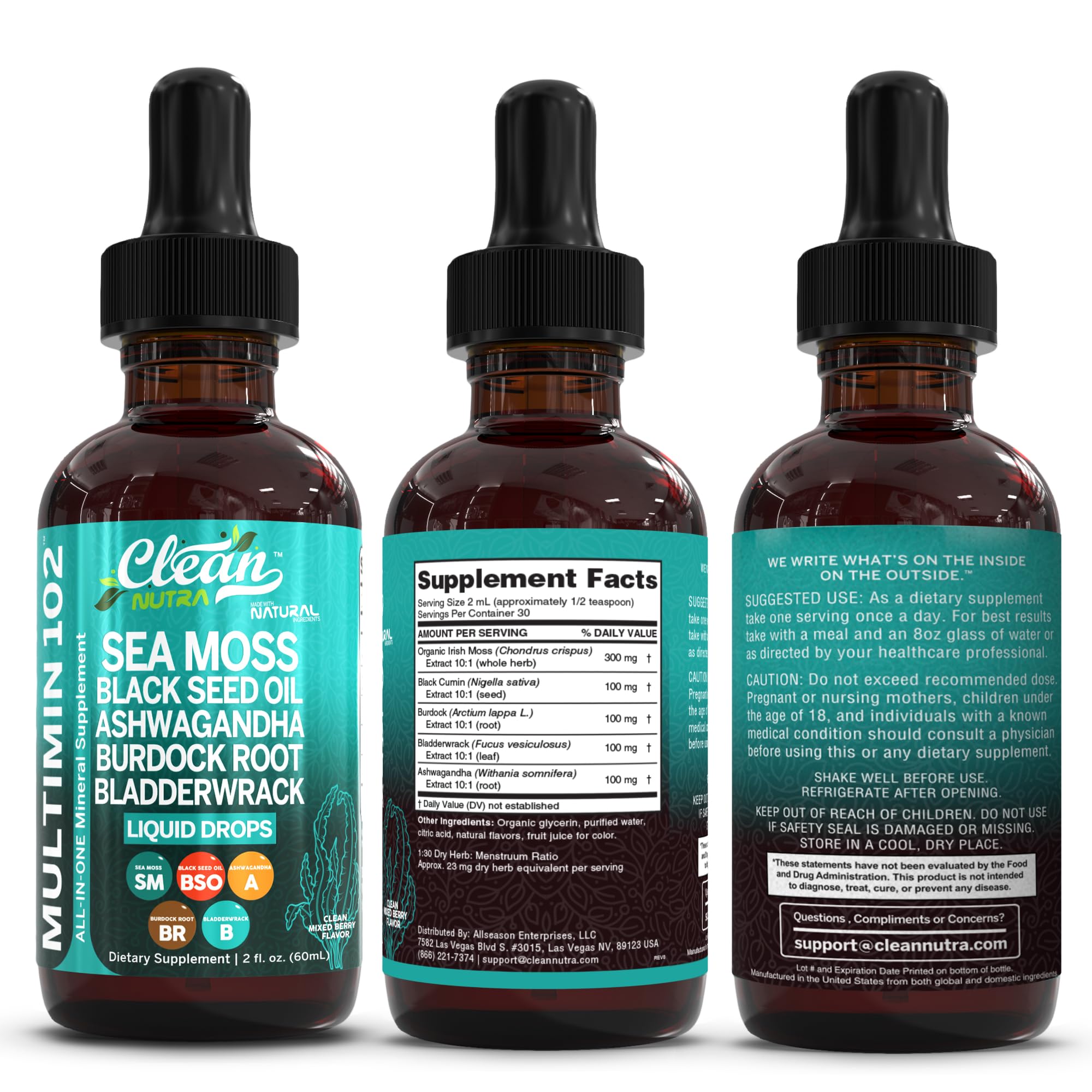 Clean Nutra Organic Sea Moss Drops Supplement | Black Seed Oil Irish Seamoss Ashwagandha Burdock Root & Bladderwrack - Multimineral Liquid Vegan for Gut Heath Energy Skin Immune Support & Hair