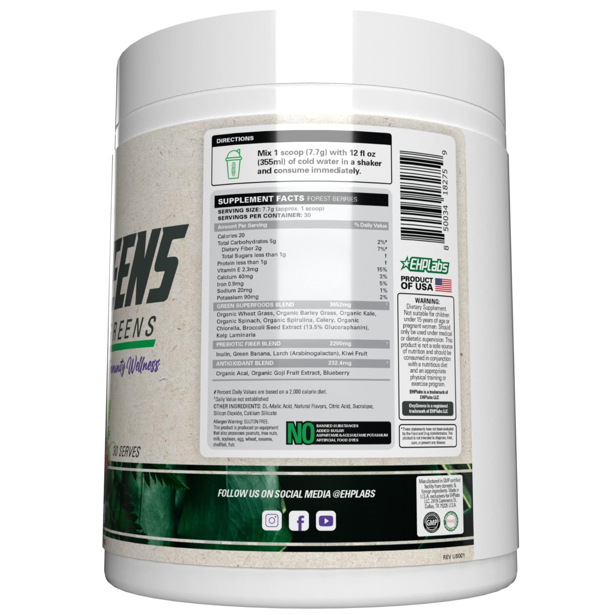 EHP Labs OxyGreens Super Greens Powder – Daily Greens & Superfood Supplement with Spirulina, Chlorella, Prebiotics, Digestive Enzymes, Antioxidants – 30 Servings (Forest Berries)