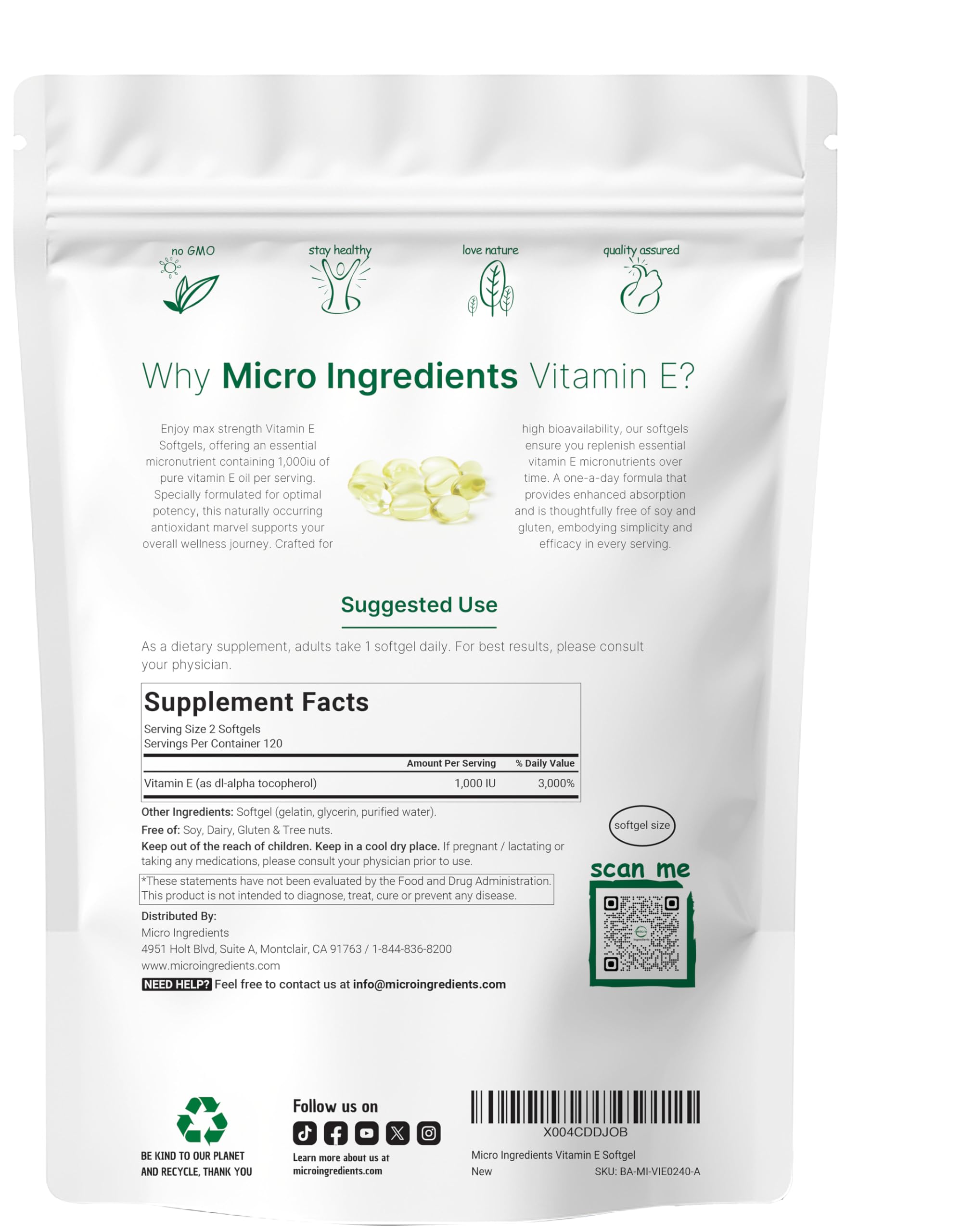 Micro Ingredients Vitamin E 1000 IU, 240 Softgels | Pure Vitamin E Oil Pills | Antioxidant Supplements for Skin and Face | Non-GMO, Gluten Free