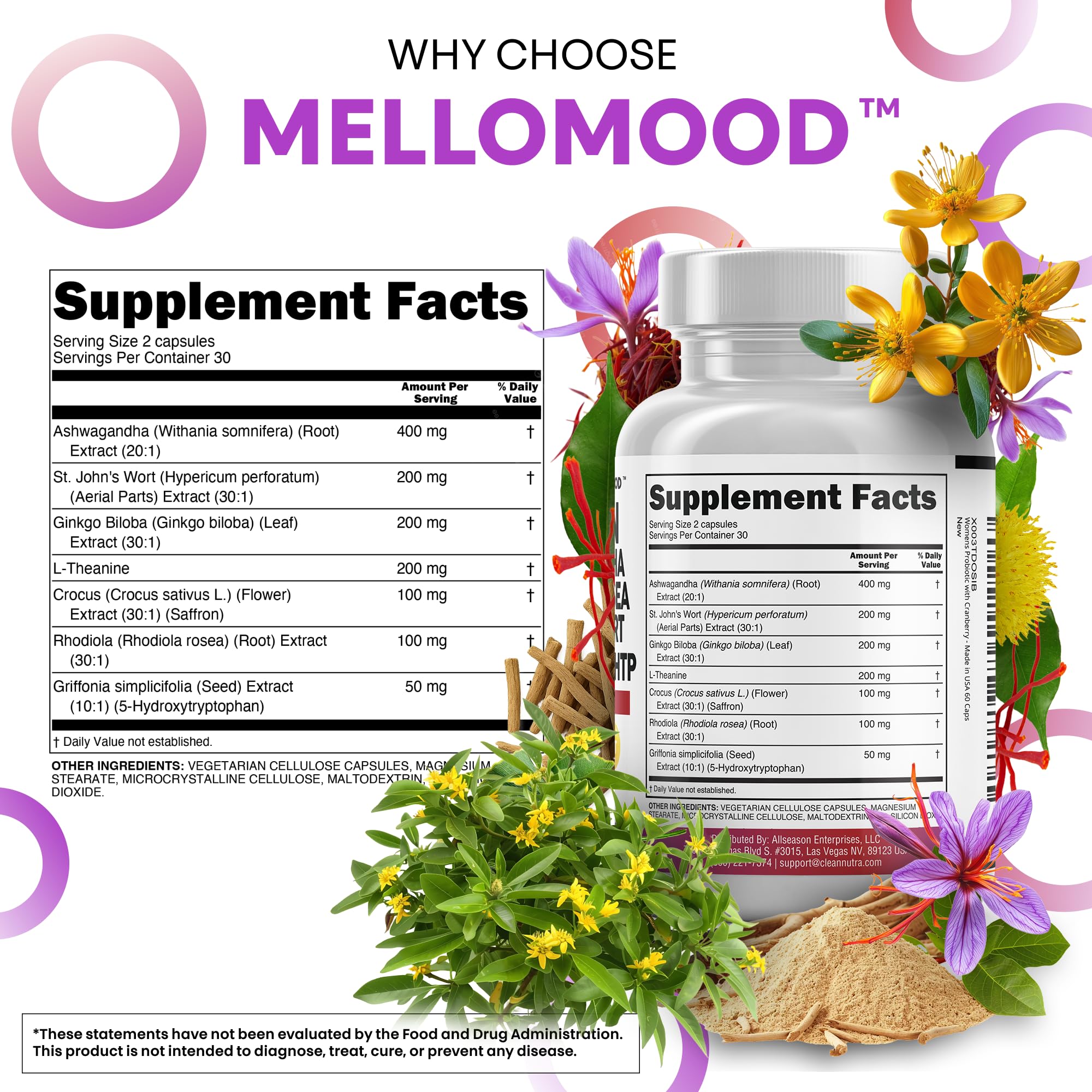 Clean Nutraceuticals Saffron Supplements Extract 100mg + Ashwagandha L-Theanine 200mg - Mood Support Ginkgo Biloba, St. John's Wort, Rhodiola Rosea & 5-HTP Capsules Pills Men Women