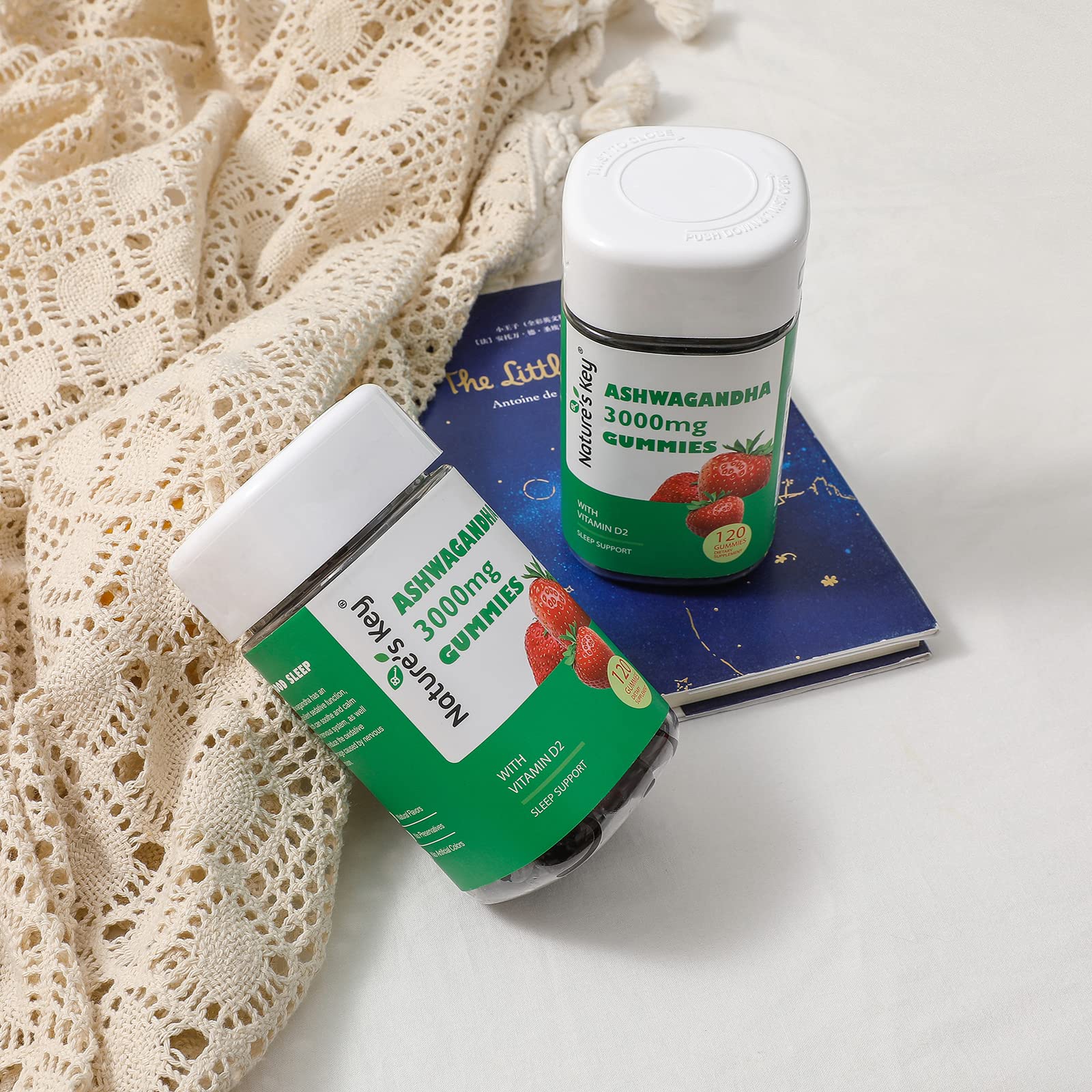 Nature's Key Ashwagandha Gummies, High Potency Ashwagandha Root Extract with Vitamin D2, for Men & Women, Stress, Calm Mood & Cognition, Strawberry Flavor (120 Count (Pack of 1)