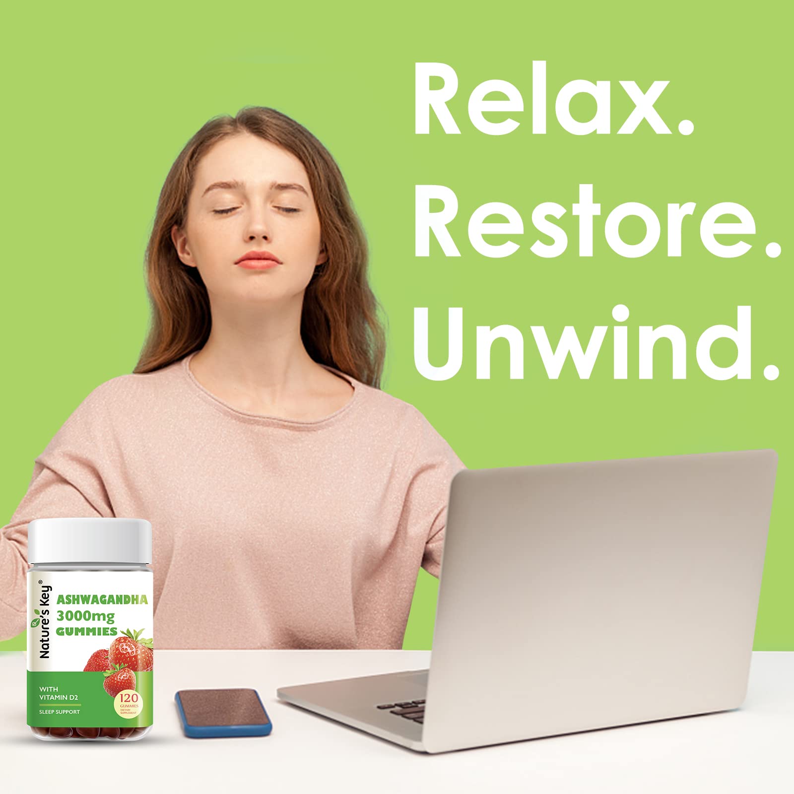 Nature's Key Ashwagandha Gummies, High Potency Ashwagandha Root Extract with Vitamin D2, for Men & Women, Stress, Calm Mood & Cognition, Strawberry Flavor (120 Count (Pack of 1)