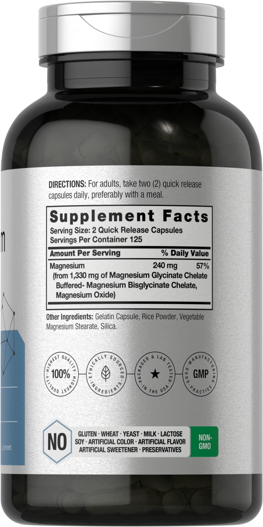 Horbaach Magnesium Glycinate 1330mg | 250 Capsules | Buffered with Chelated Minerals | 240 mg per Serving | Non-GMO, Gluten Free Supplement