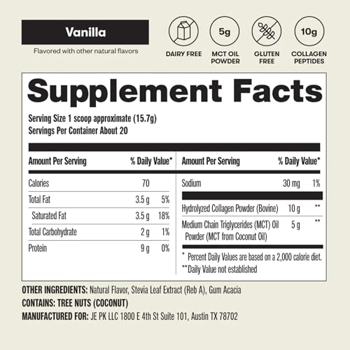 Perfect Keto Collagen Peptides Protein Powder with MCT Oil, Grass Fed, Hydrolyzed Collagen, Type I & III Supplement, Keto Coffee Creamer, Vanilla