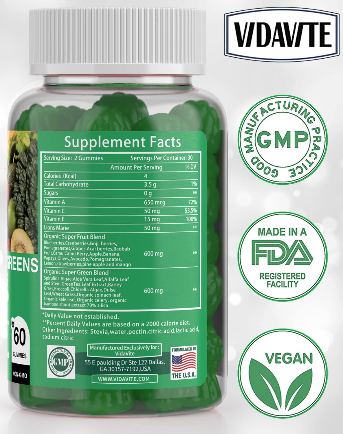 VIDAVITE Sugar-free Super Greens Gummies — US-Made, 35+ Fruit and Veggie gummies to Boost Immunity, Skin & Gut Health — Ideal Fruits and Vegetables Supplement for Adults & Picky Teens (30-Days Supply)