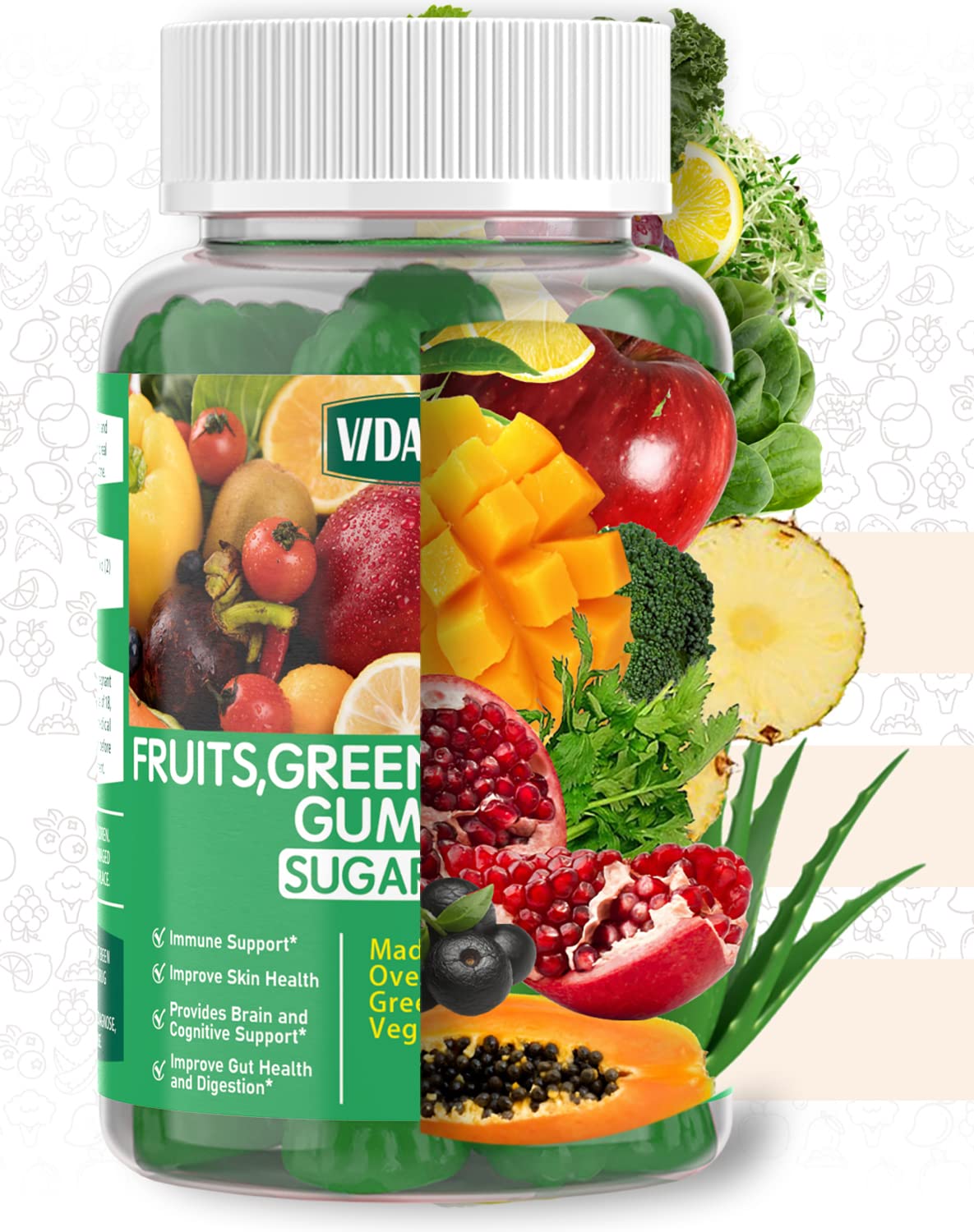 VIDAVITE Sugar-free Super Greens Gummies — US-Made, 35+ Fruit and Veggie gummies to Boost Immunity, Skin & Gut Health — Ideal Fruits and Vegetables Supplement for Adults & Picky Teens (30-Days Supply)