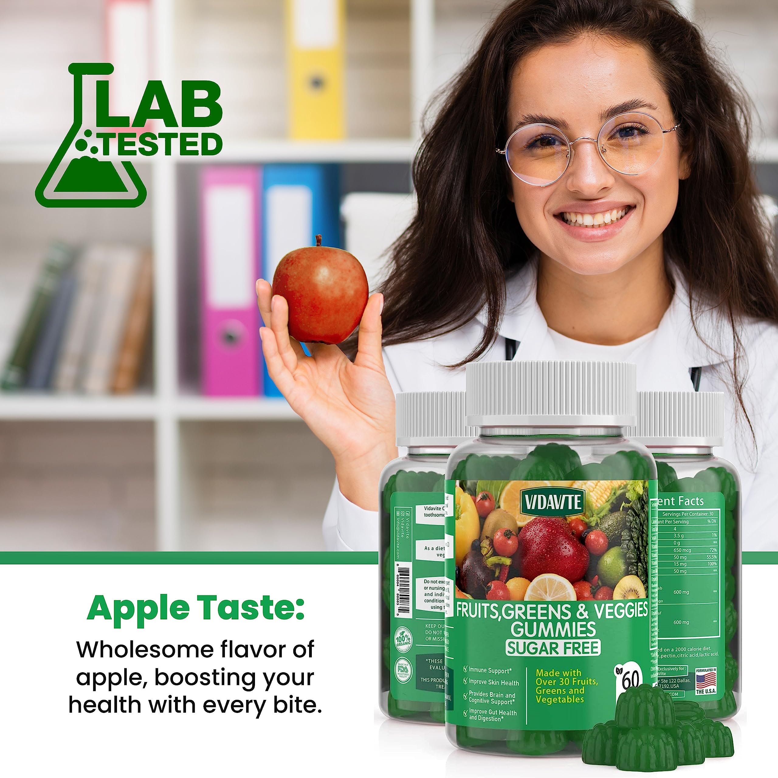 VIDAVITE Sugar-free Super Greens Gummies — US-Made, 35+ Fruit and Veggie gummies to Boost Immunity, Skin & Gut Health — Ideal Fruits and Vegetables Supplement for Adults & Picky Teens (30-Days Supply)