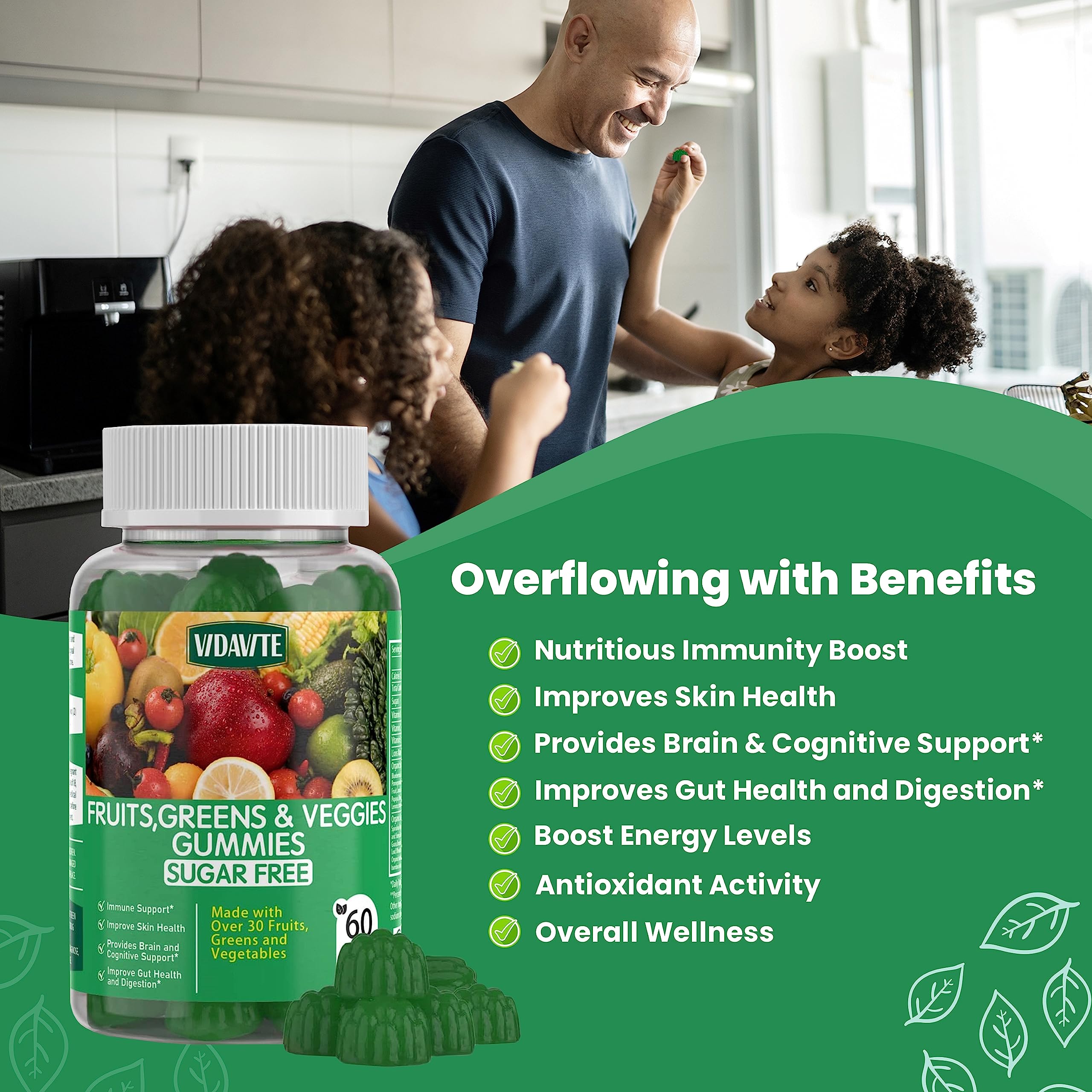 VIDAVITE Sugar-free Super Greens Gummies — US-Made, 35+ Fruit and Veggie gummies to Boost Immunity, Skin & Gut Health — Ideal Fruits and Vegetables Supplement for Adults & Picky Teens (30-Days Supply)