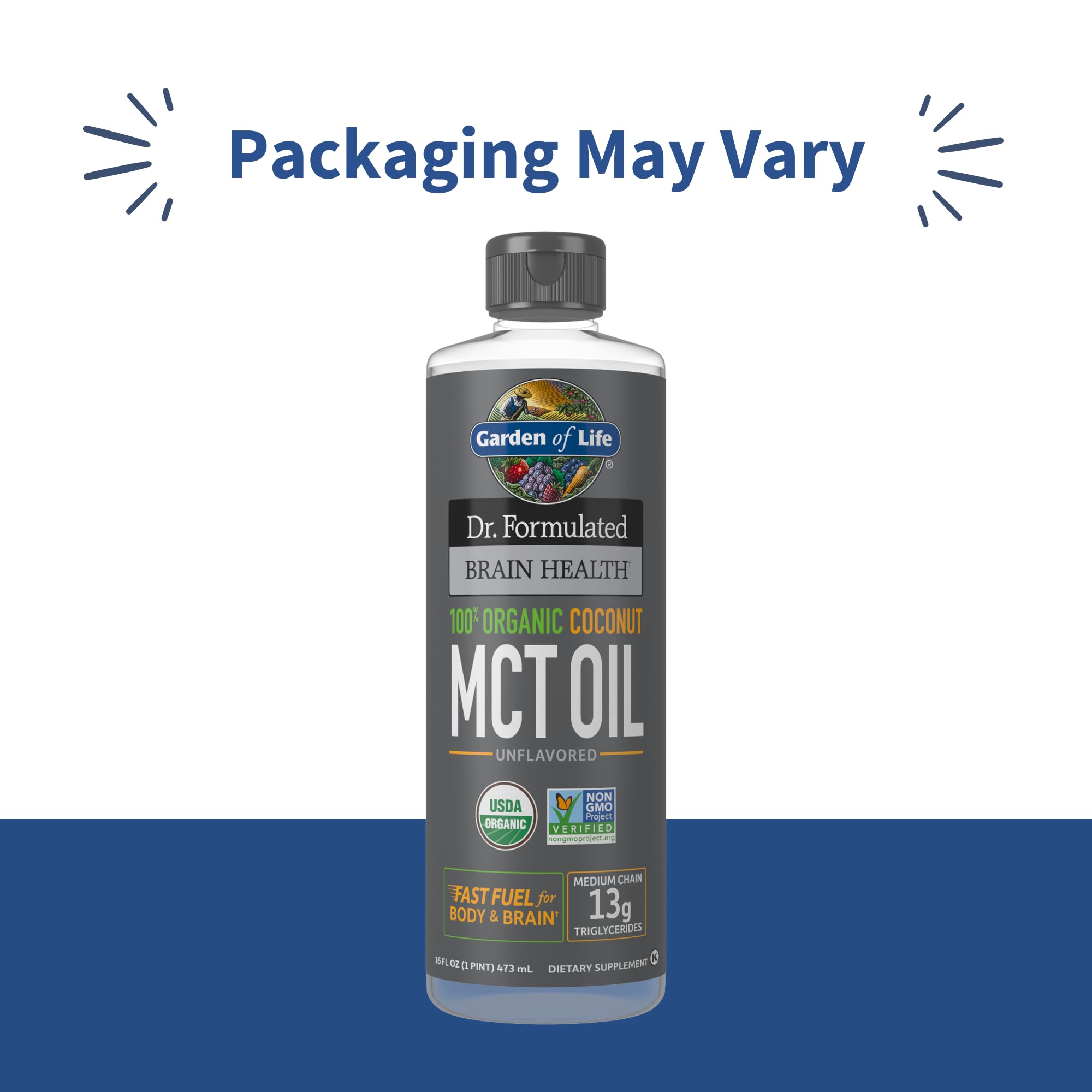 Garden of Life Dr. Formulated Brain Health 100% Organic Coconut MCT Oil 16 fl oz Unflavored, 13g MCTs, Body & Brain Fuel, Certified Non-GMO Vegan & Gluten Free, Hexane-Free