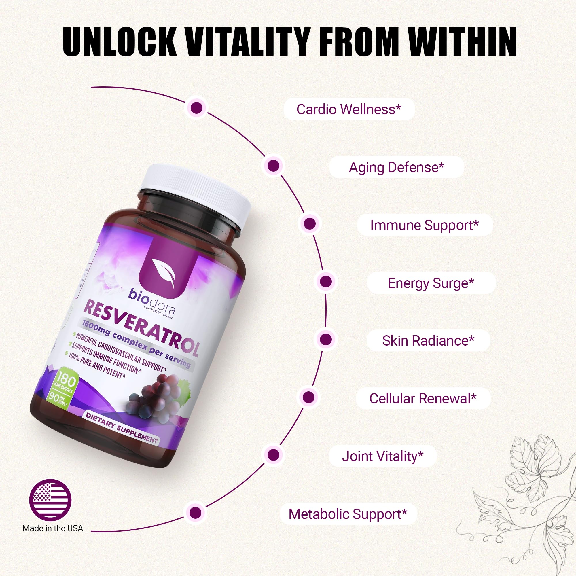 Resveratrol 1600mg - 180 Capsules | Trans-Resveratrol Antioxidant Supplement with Natural Green Tea, Grape Seed Polyphenols & Quercetin, Supports Digestive, Heart Health, Immune System, Brain Function