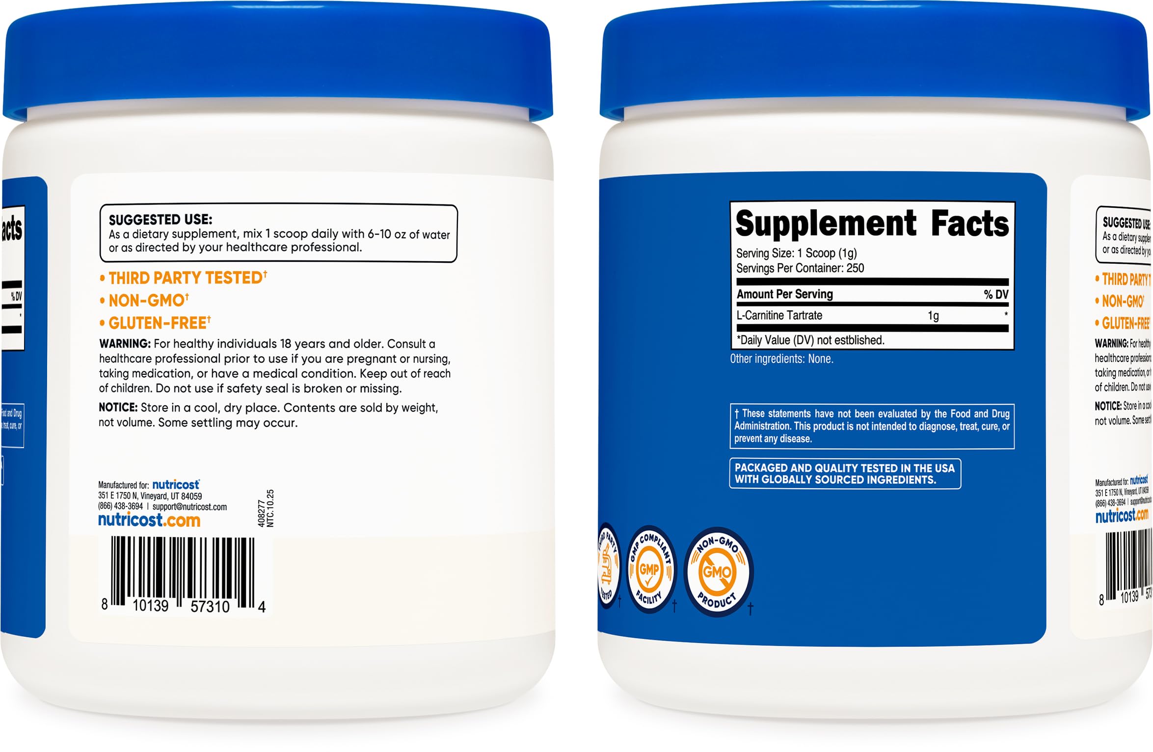 Nutricost L-Carnitine Tartrate Powder (250 Grams) - 1 Gram per Serving, 250 Servings