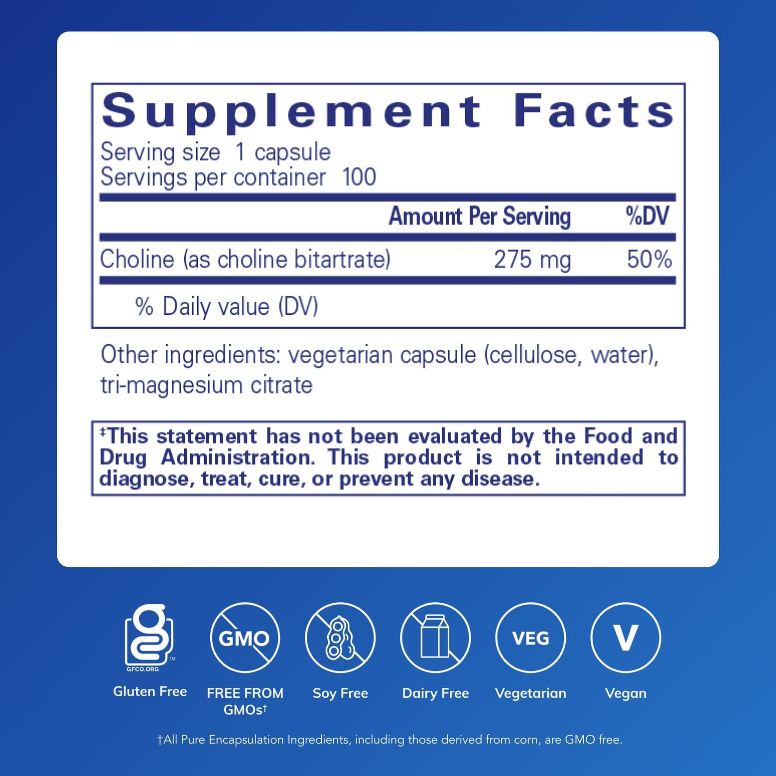 Pure Encapsulations Choline (Bitartrate) - 275 mg Choline (Bitartrate) - Supports Methylation, Brain Health & Cell Function* - Highly Bioavailable - Vegan & Non-GMO - 100 Capsules