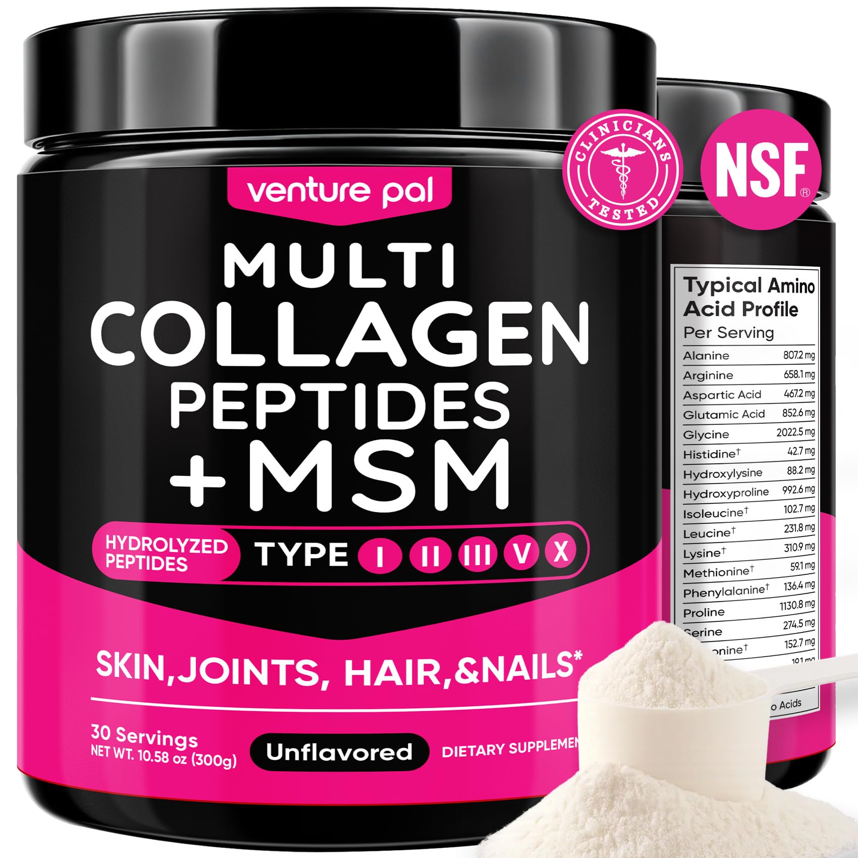 Venture Pal Multi Collagen Powder Type I, II, III, V, X – Hydrolyzed Collagen Peptides MSM, GC, Hyaluronic Acid Vitamin C | Collagen Supplement for Women | Joint, Hair, Skin & Nail Support | Non-GMO
