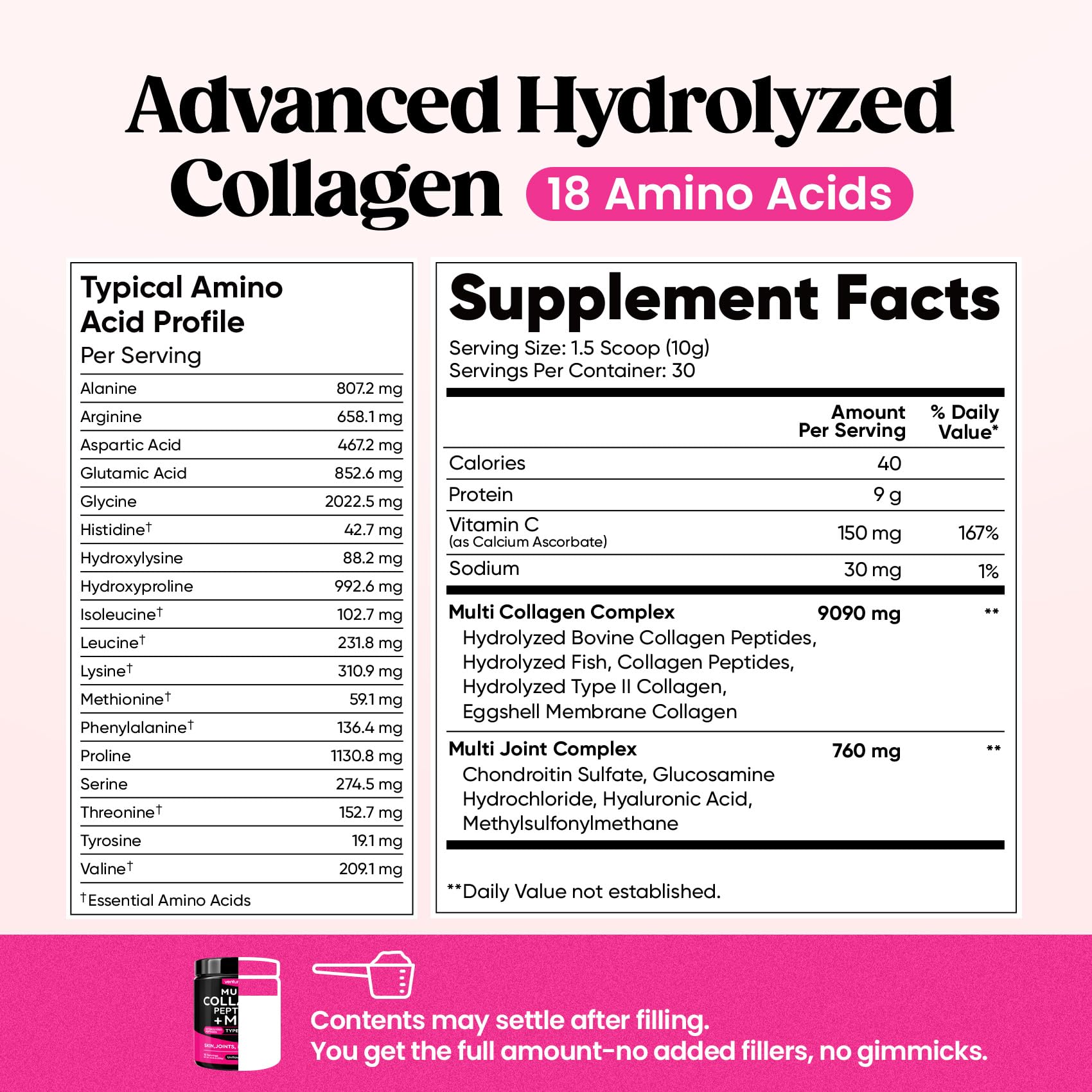 Venture Pal Multi Collagen Powder Type I, II, III, V, X – Hydrolyzed Collagen Peptides MSM, GC, Hyaluronic Acid Vitamin C | Collagen Supplement for Women | Joint, Hair, Skin & Nail Support | Non-GMO