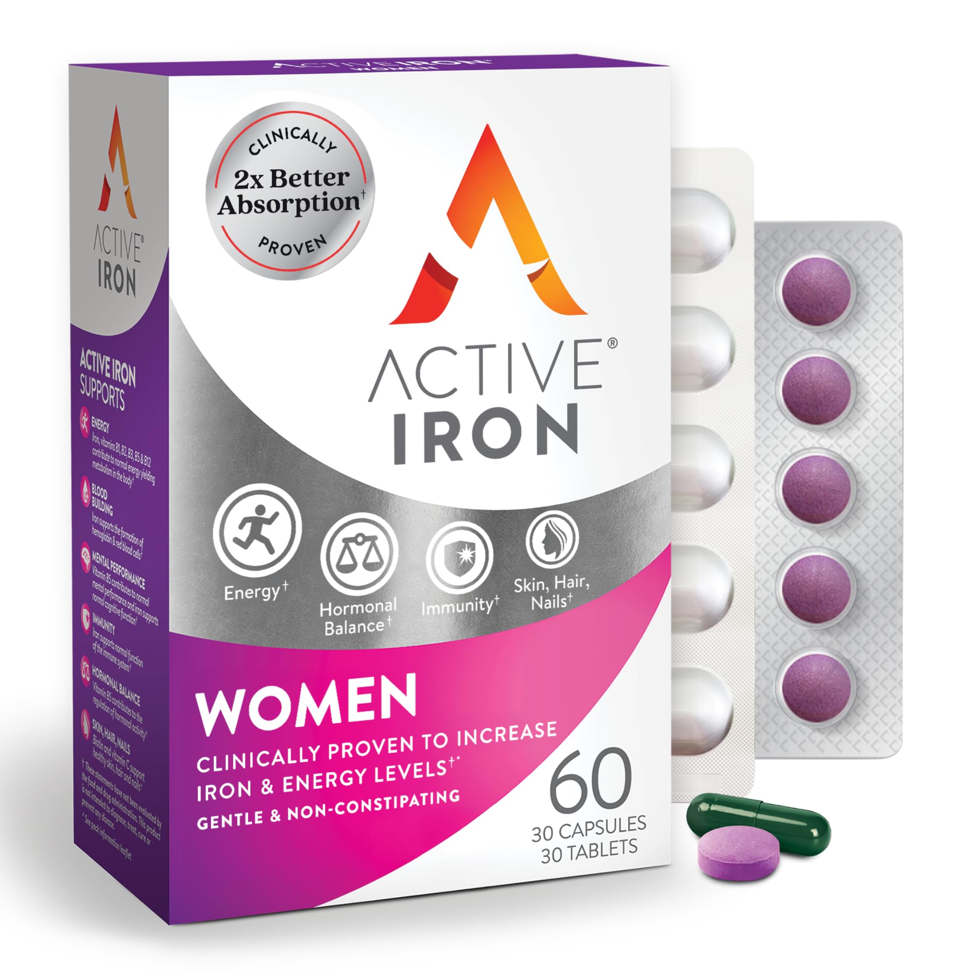 Active Iron Supplement 25mg + Multivitamin for Women – Clinically Proven to Increase Energy & Reduce Tiredness – Gentle, Non-Constipating Iron + Women’s Multivitamin – 30 Capsules + 30 Tablets