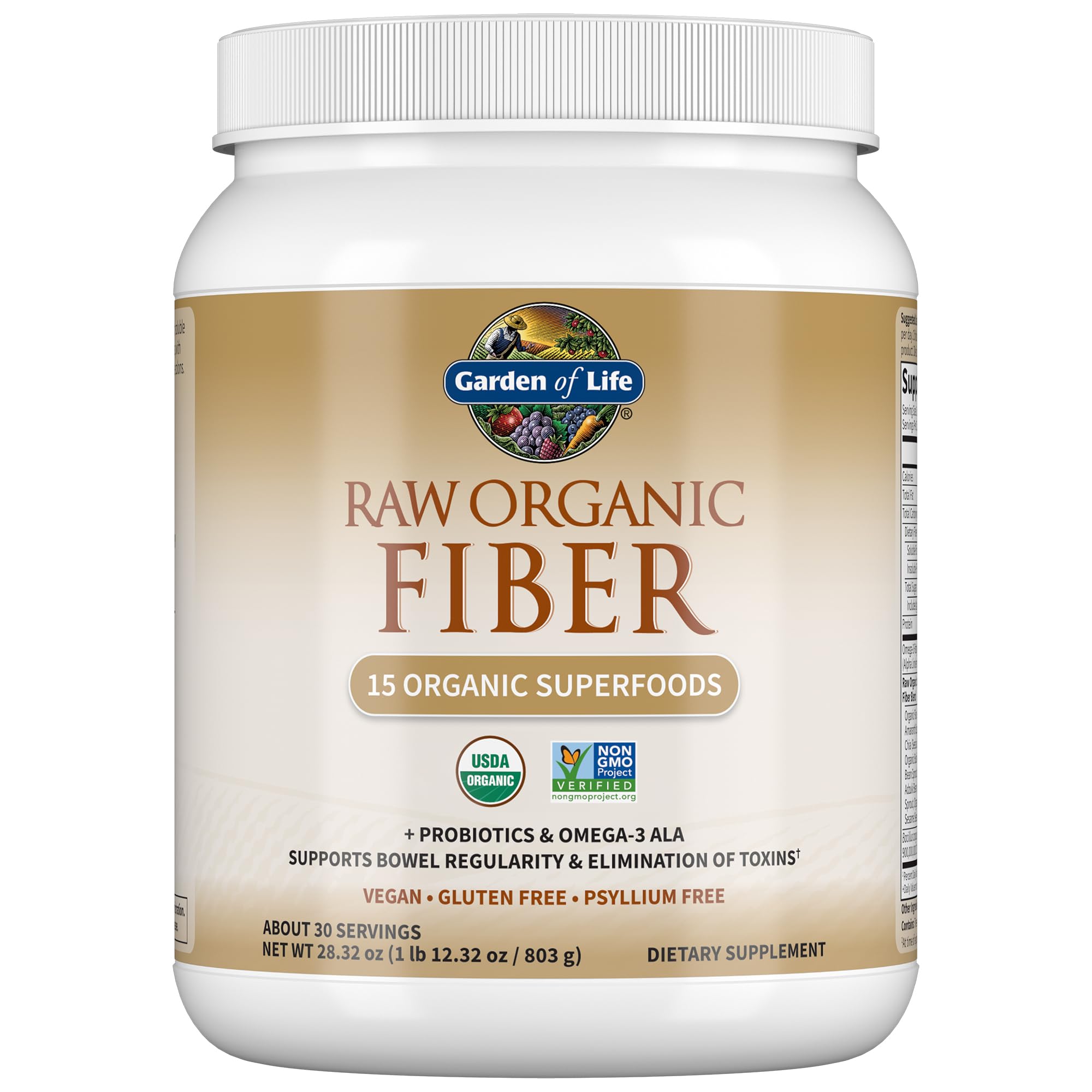 Garden of Life Raw Fiber, Organic Unflavored Fiber Powder with 15 Organic Superfoods, Probiotics, Omega-3 ALA, Soluble and Insoluble, Psyllium Husk Free, 30 Servings