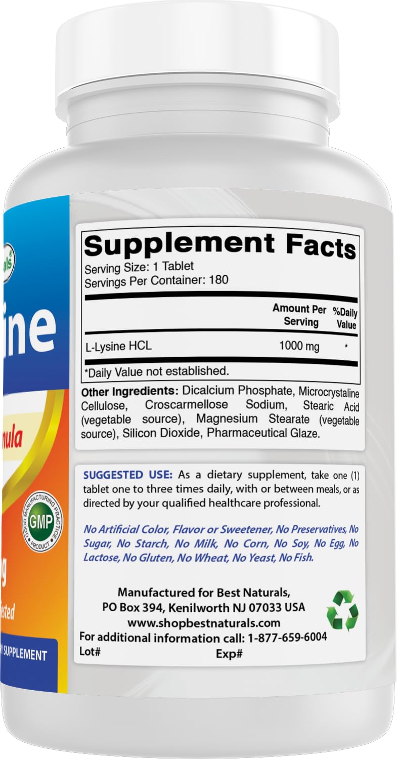 Best Naturals L-Lysine 1000mg 180 Tablets (180 Count (Pack of 1)) (2 Bottles)