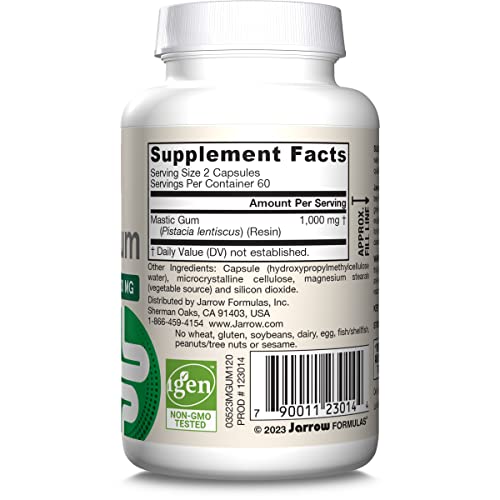 Jarrow Formulas Mastic Gum 1000 mg - 120 Veggie Caps - Mastic Gum Capsules Supporting Stomach and Duodenal Health - 60 Servings
