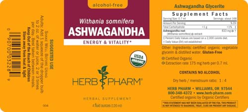 Herb Pharm Ashwagandha, Alcohol Free: Organic Liquid Extract | Traditional Stress Support Supplement, Vegan Ashwagandha Root Glycerite, Adaptogen Extract for Adults | Up to 12 Week Supply, 4 oz* 
