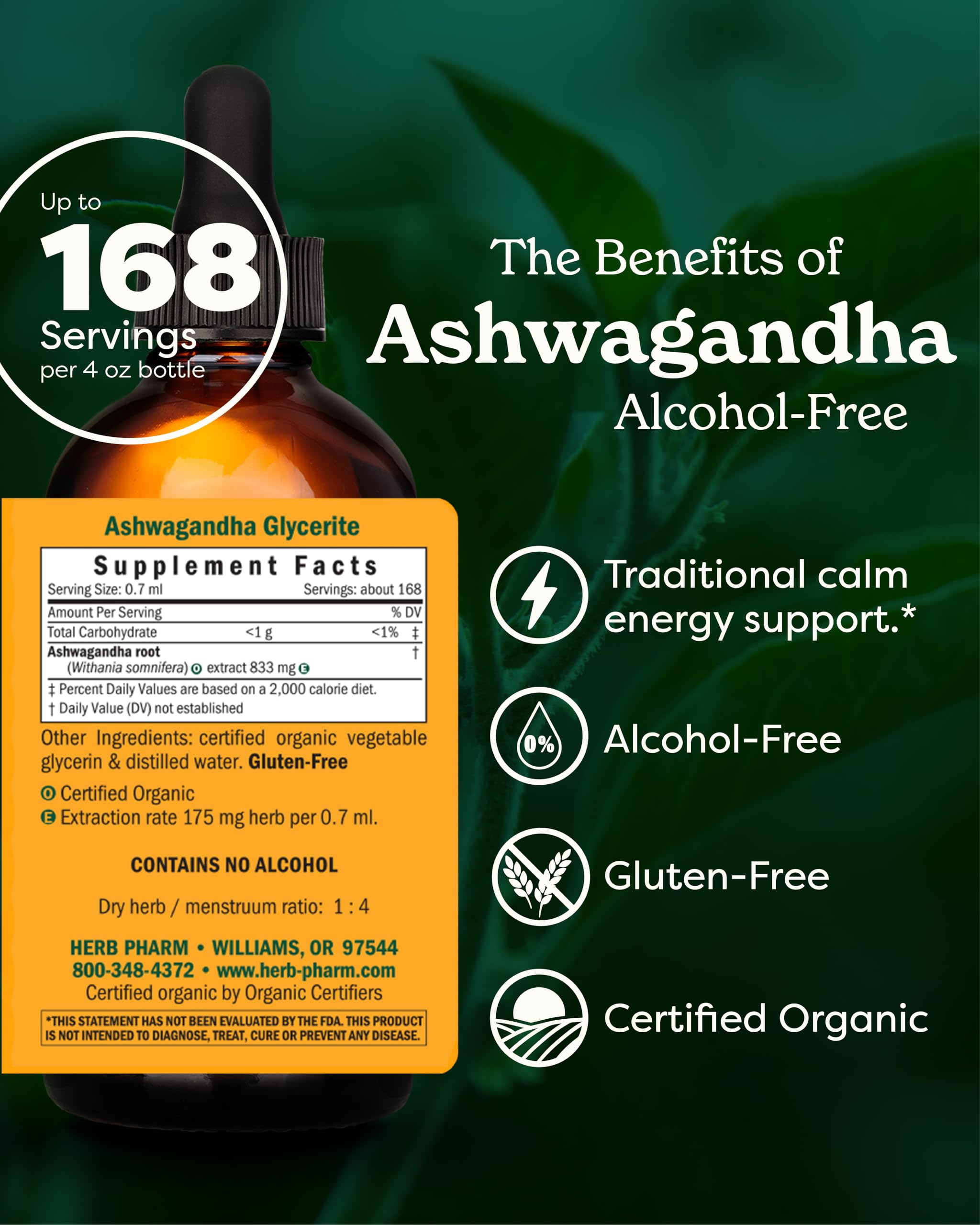 Herb Pharm Ashwagandha, Alcohol Free: Organic Liquid Extract | Traditional Stress Support Supplement, Vegan Ashwagandha Root Glycerite, Adaptogen Extract for Adults | Up to 12 Week Supply, 4 oz* 