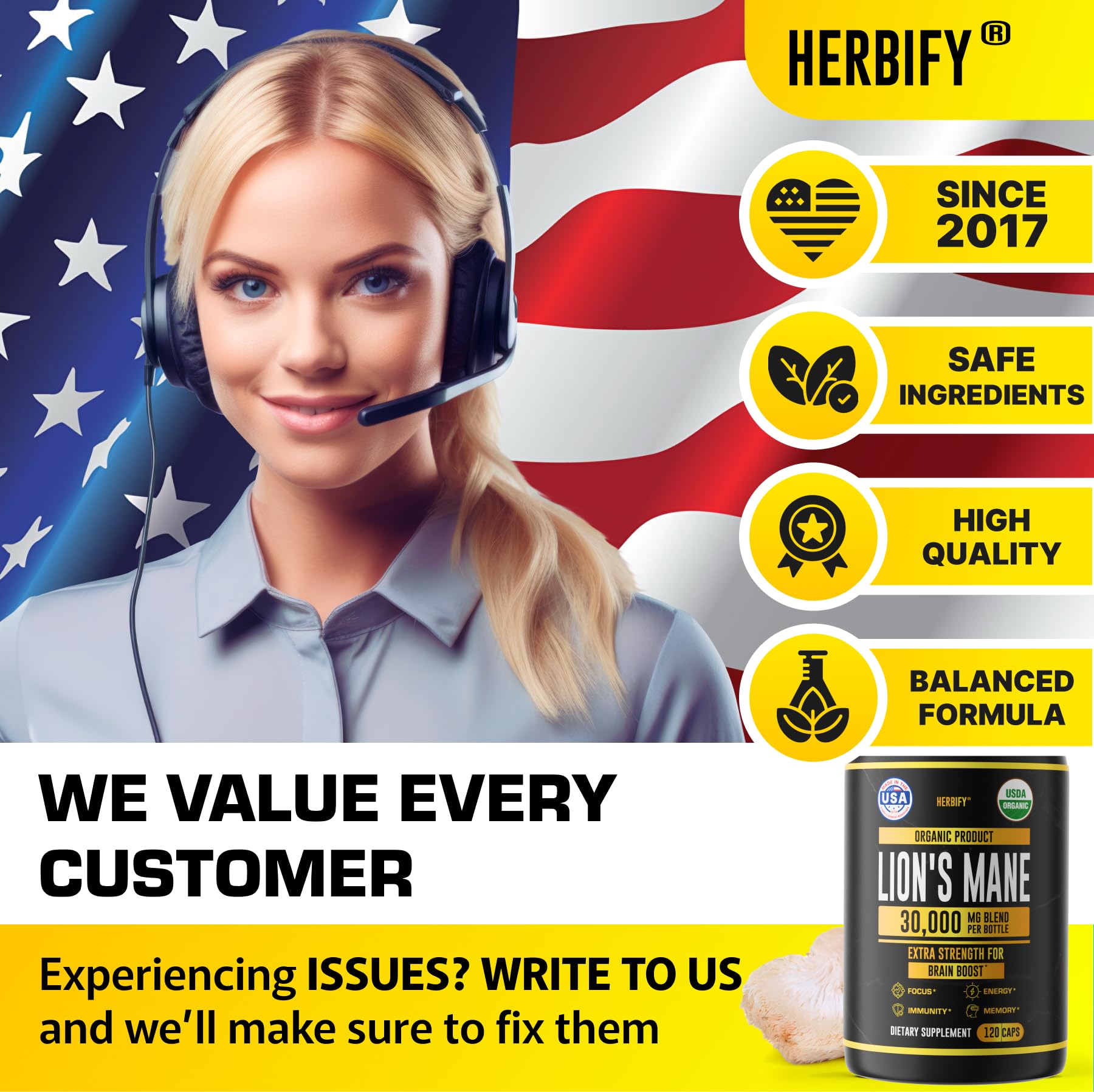 HERBIFY Lions Mane Supplement - Daily Mushroom Supplement for Memory, Focus & Clarity - Brain Booster - Lions Mane Capsules for Natural Immune Support - Vegan, Organic - 120 Capsules