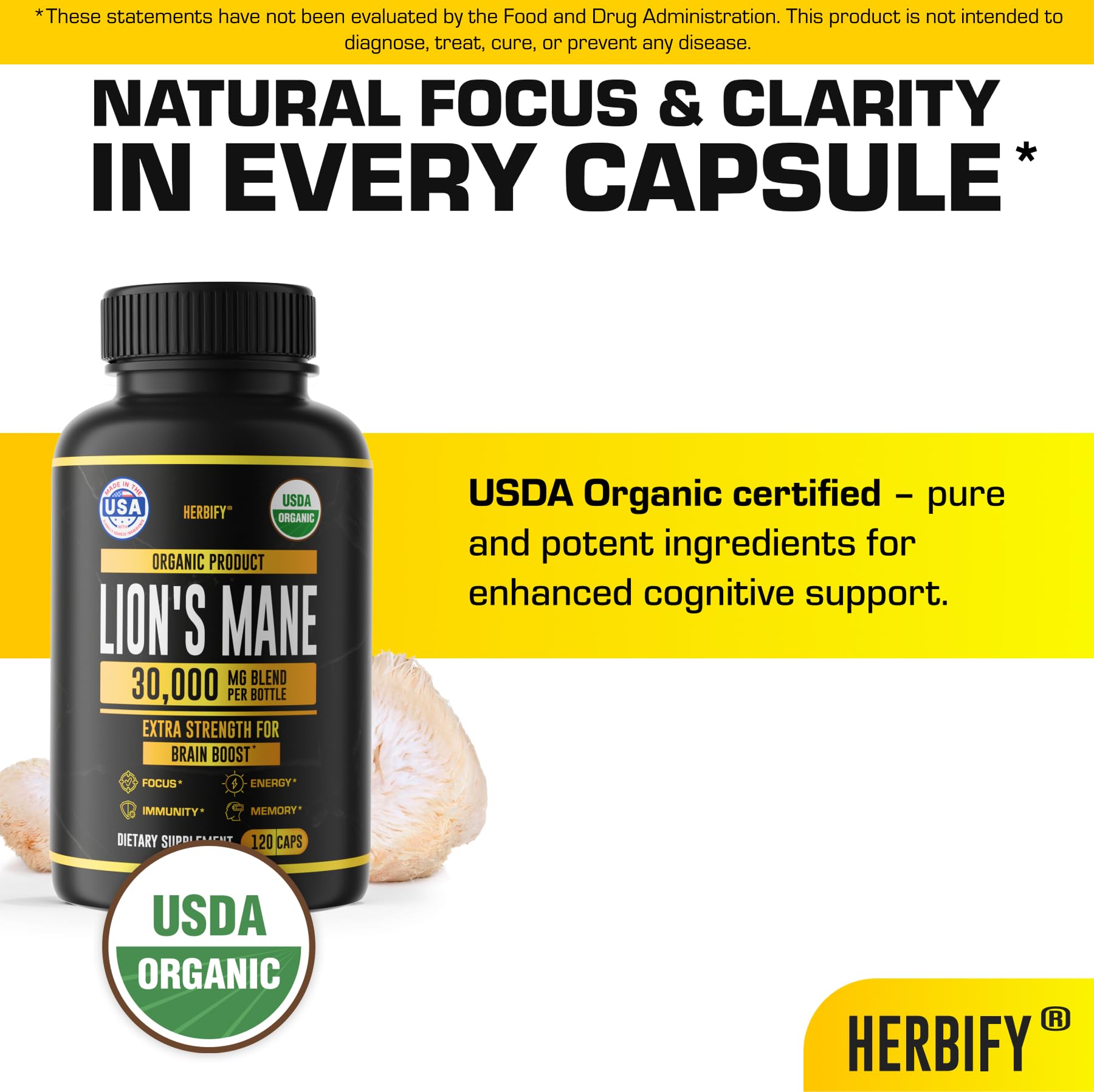 HERBIFY Lions Mane Supplement - Daily Mushroom Supplement for Memory, Focus & Clarity - Brain Booster - Lions Mane Capsules for Natural Immune Support - Vegan, Organic - 120 Capsules