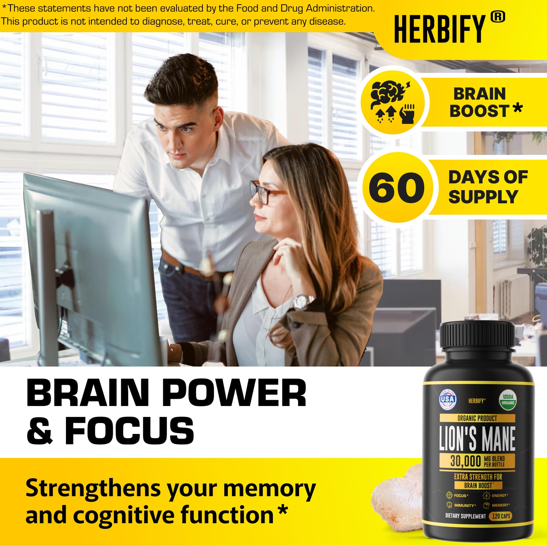 HERBIFY Lions Mane Supplement - Daily Mushroom Supplement for Memory, Focus & Clarity - Brain Booster - Lions Mane Capsules for Natural Immune Support - Vegan, Organic - 120 Capsules