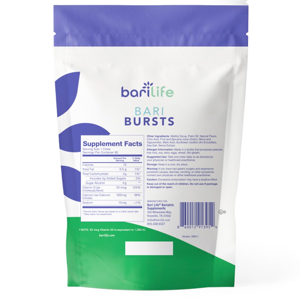 Calcium Citrate Bariatric Calcium Chews with 1000 IU Vitamin D3 - Ideal for Bariatric Patients - BariBurst by Bari Life (Sour Green Apple)