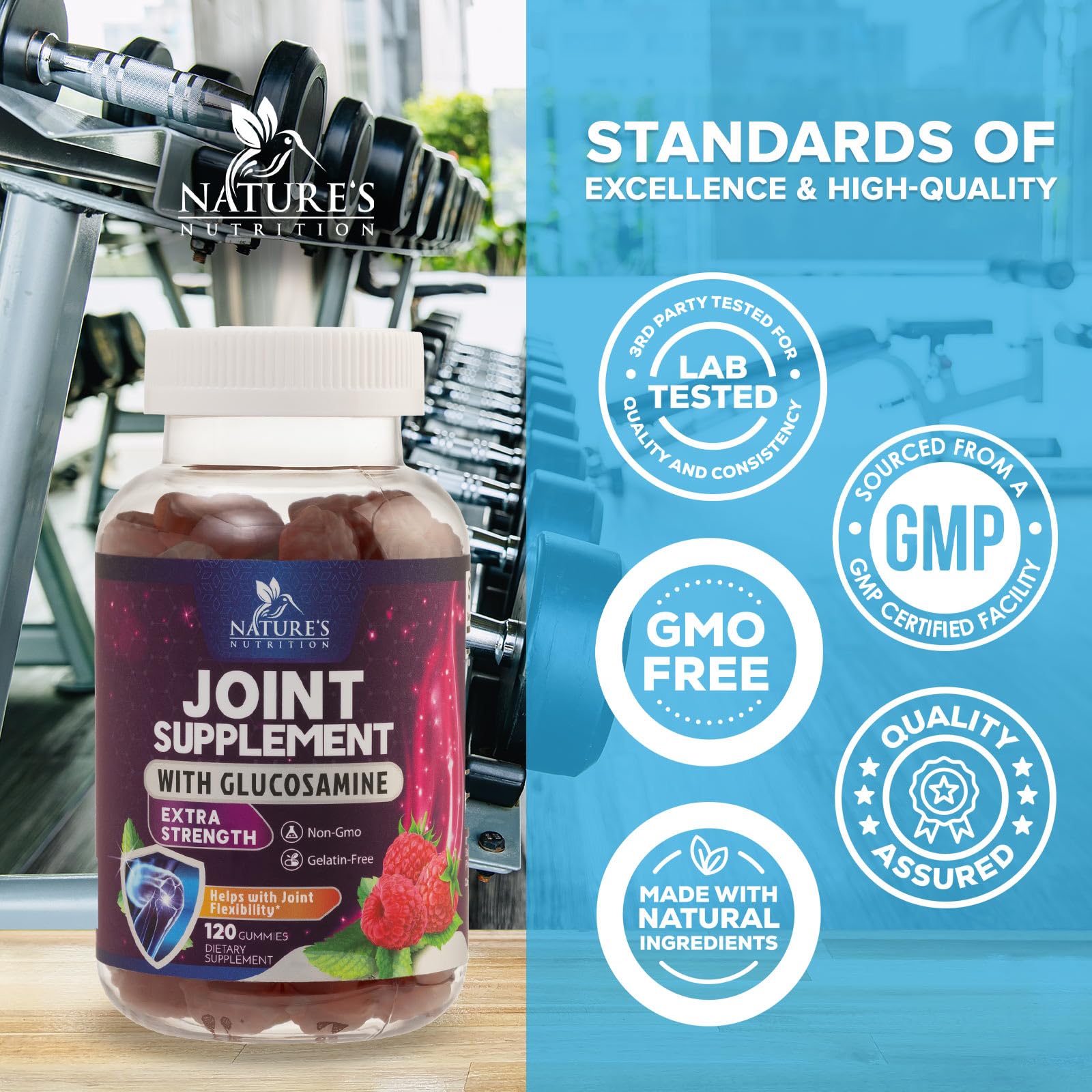 Joint Support Gummies - Glucosamine Plus Vitamin E Nature's Joint Support Supplement for Occasional Discomfort for Back, Knees & Hands - Cartilage & Joint Health & Flexibility Support - 120 Gummies
