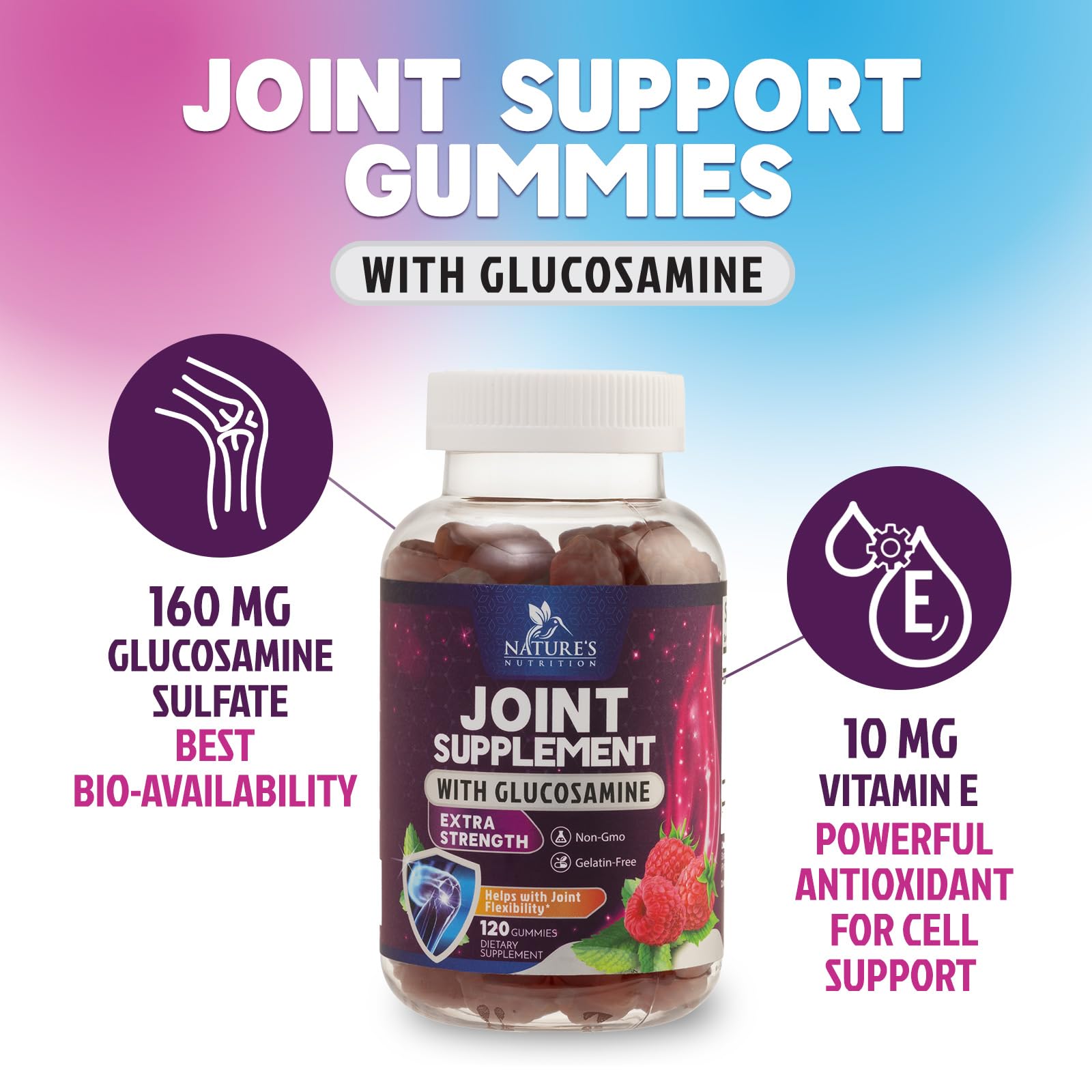 Joint Support Gummies - Glucosamine Plus Vitamin E Nature's Joint Support Supplement for Occasional Discomfort for Back, Knees & Hands - Cartilage & Joint Health & Flexibility Support - 120 Gummies