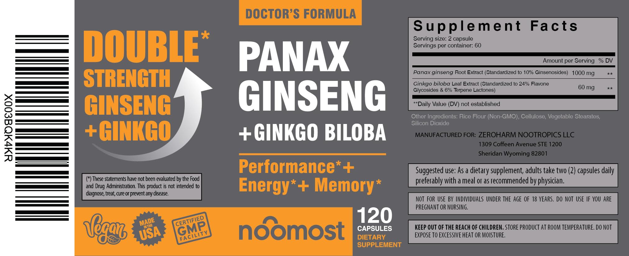 NooMost Authentic Korean Red Panax Ginseng + Ginkgo Biloba, 120 Vegan Capsules, Ginseng Root Extract Powder 1000mg (10% Ginsenosides) + Gingko Biloba 60mg, Energy and Focus Pills for Men and Women