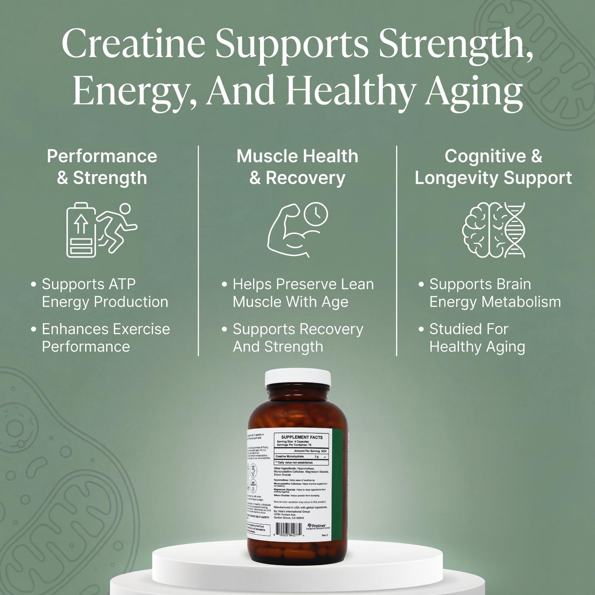 PRISTINE'S Creatine Monohydrate Capsules for Women & Men - NSF Certified 75 Day Supply 3G Muscle Growth Support Supplement - Cognitive & Athletic Performance Support - Enhanced Recovery