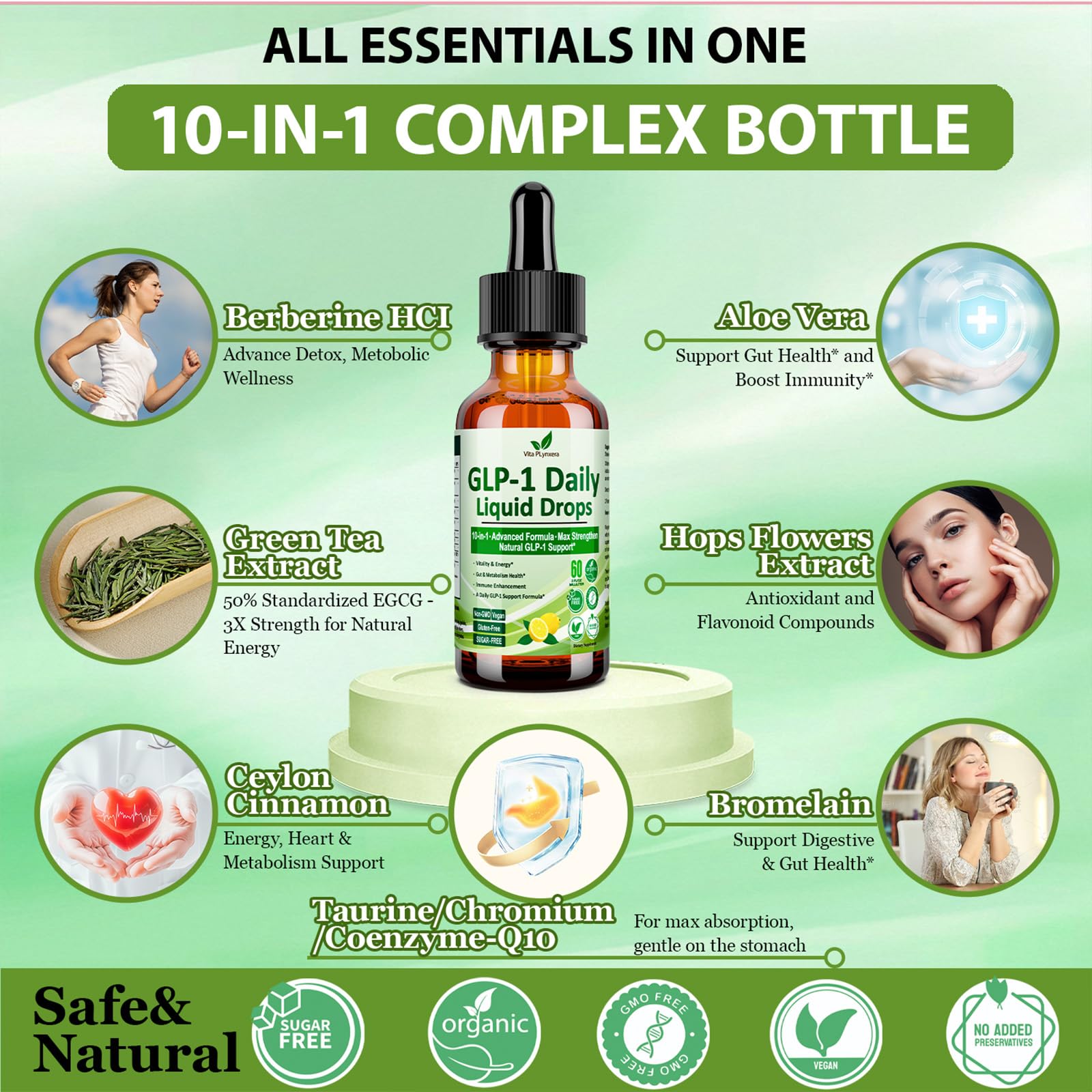 GLP-1 Support Liquid Drops, 10-in-1 Formula with Berberine, Ceylon Cinnamon, Prebiotic Fiber & Green Tea Extract | Support Healthy Metabolism, Digestive & Gut Health for Women & Men | Vegan, Non-GMO