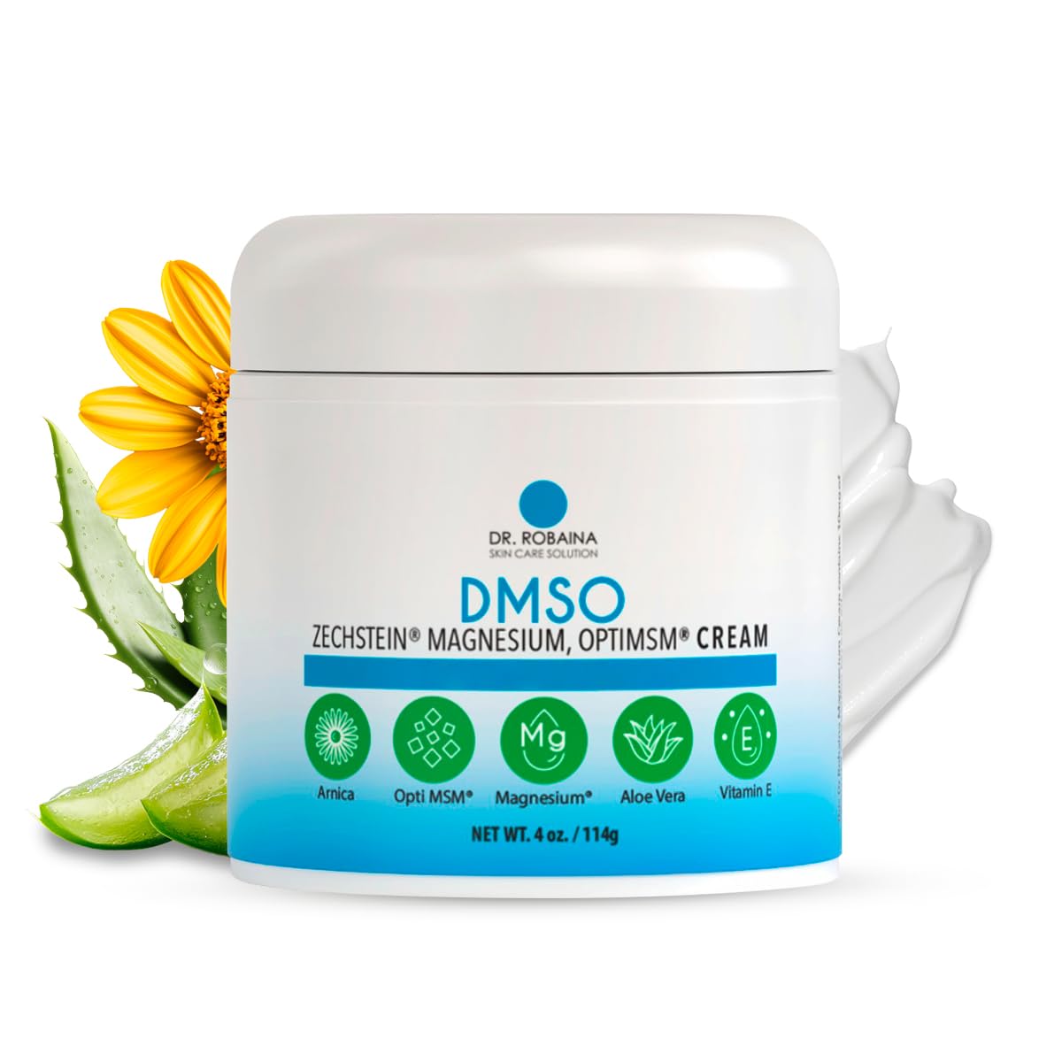 Dr. Robaina DMSO Cream - 99.9% Pure DMSO Pharmaceutical Grade | Formula with Zechstein Magnesium, Arnica, Aloe Vera, Vitamin E - 4 oz | Made in USA