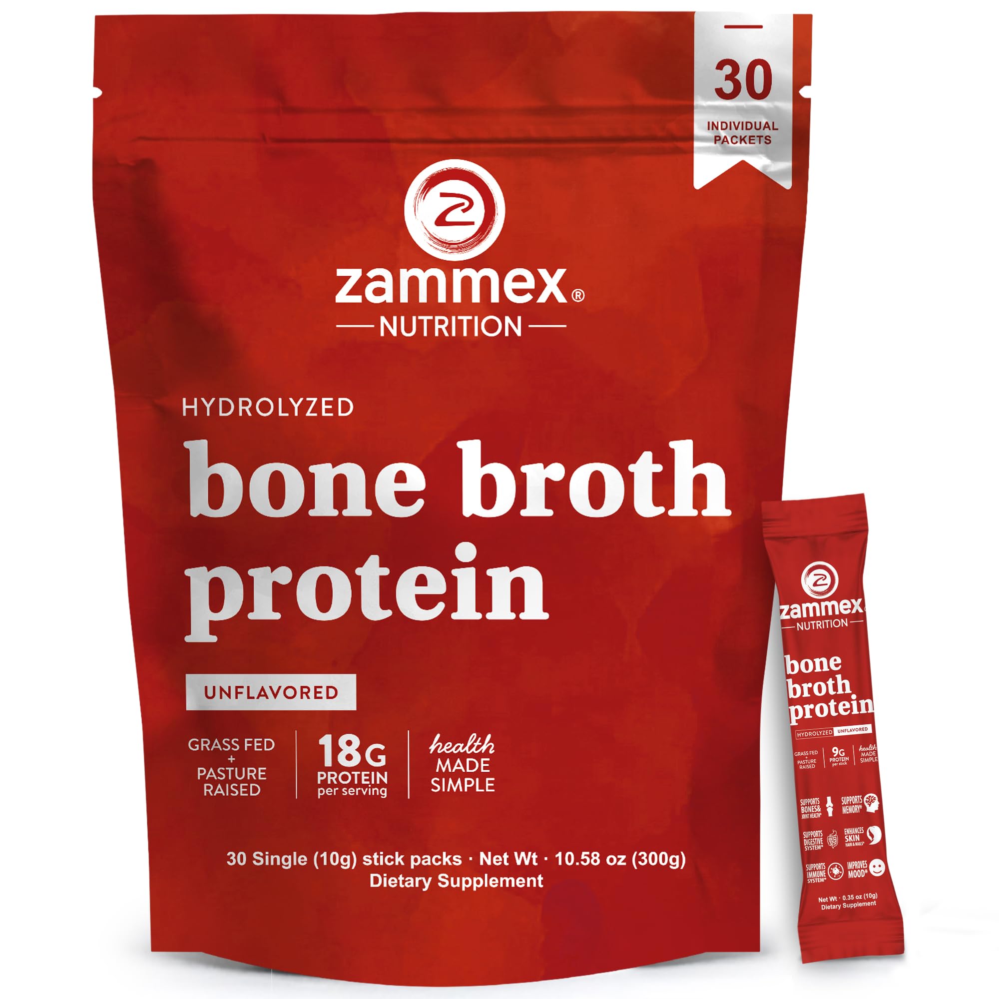 Zammex Bone Broth Packets-18g Collagen Protein-Beef Bone Broth Powder to Go-30 Travel Stick Packets-Supports Skin Nails Joints, Gut Health | Gluten-Free |Keto & Paleo Friendly (15 Servings)
