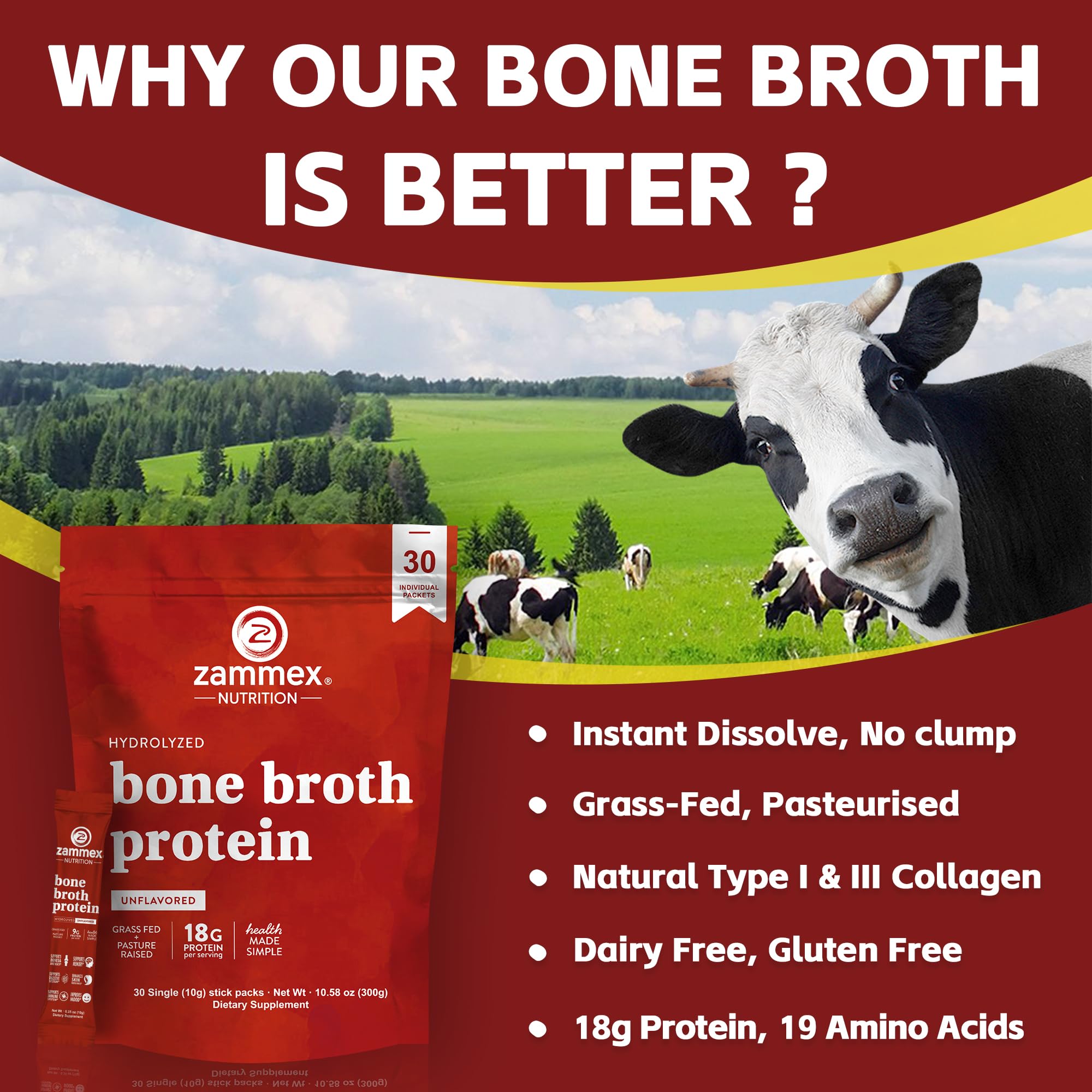 Zammex Bone Broth Packets-18g Collagen Protein-Beef Bone Broth Powder to Go-30 Travel Stick Packets-Supports Skin Nails Joints, Gut Health | Gluten-Free |Keto & Paleo Friendly (15 Servings)