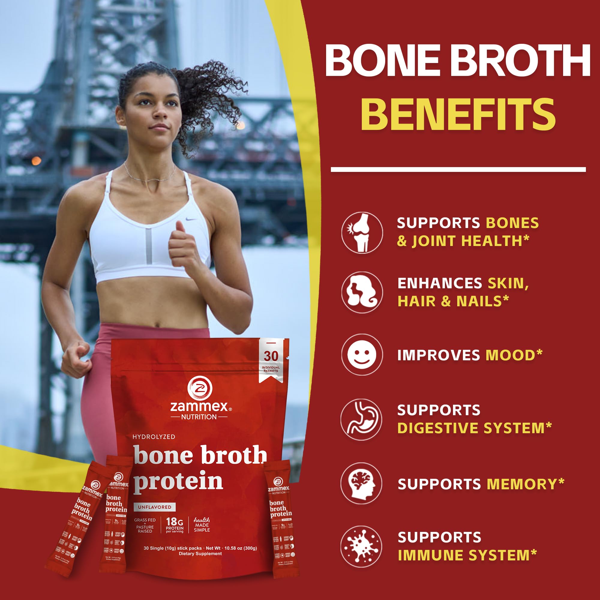 Zammex Bone Broth Packets-18g Collagen Protein-Beef Bone Broth Powder to Go-30 Travel Stick Packets-Supports Skin Nails Joints, Gut Health | Gluten-Free |Keto & Paleo Friendly (15 Servings)