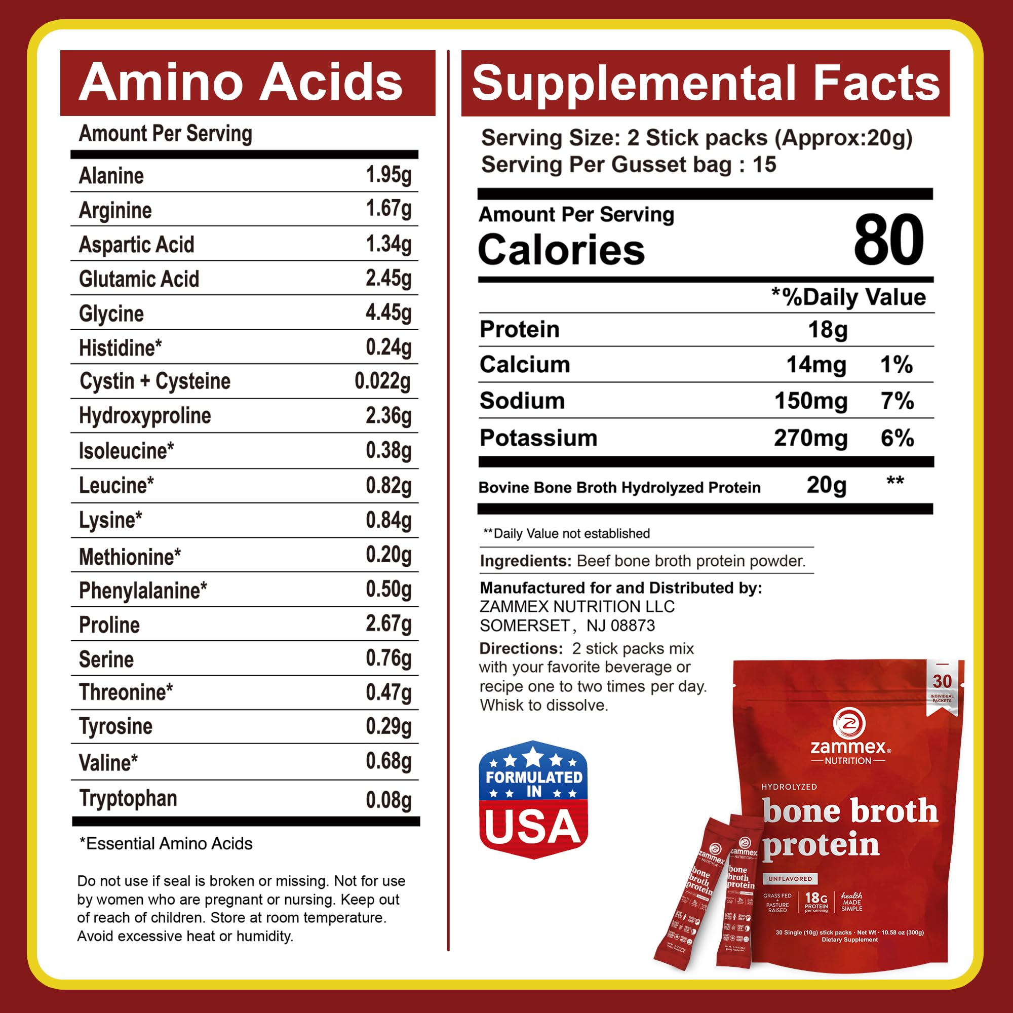 Zammex Bone Broth Packets-18g Collagen Protein-Beef Bone Broth Powder to Go-30 Travel Stick Packets-Supports Skin Nails Joints, Gut Health | Gluten-Free |Keto & Paleo Friendly (15 Servings)